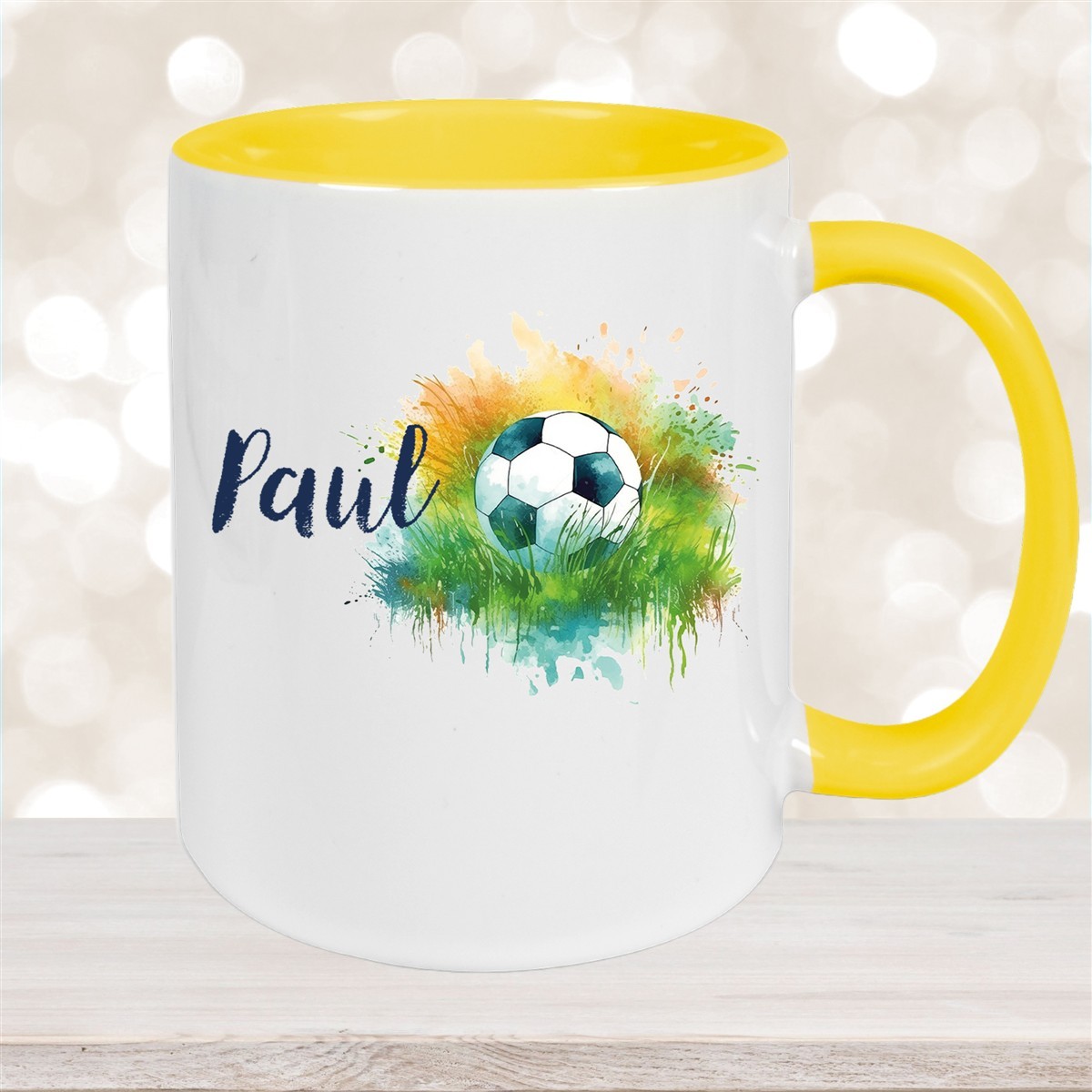 Tasse Fußball #5 Wunschname Keramik Kinderbecher personalisiert Gelb