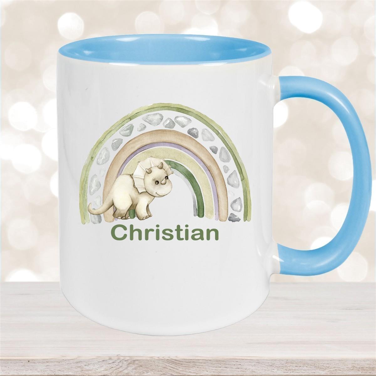 Tasse Wunschname Regenbogen-Dino Keramik Kinderbecher versch. Farben
