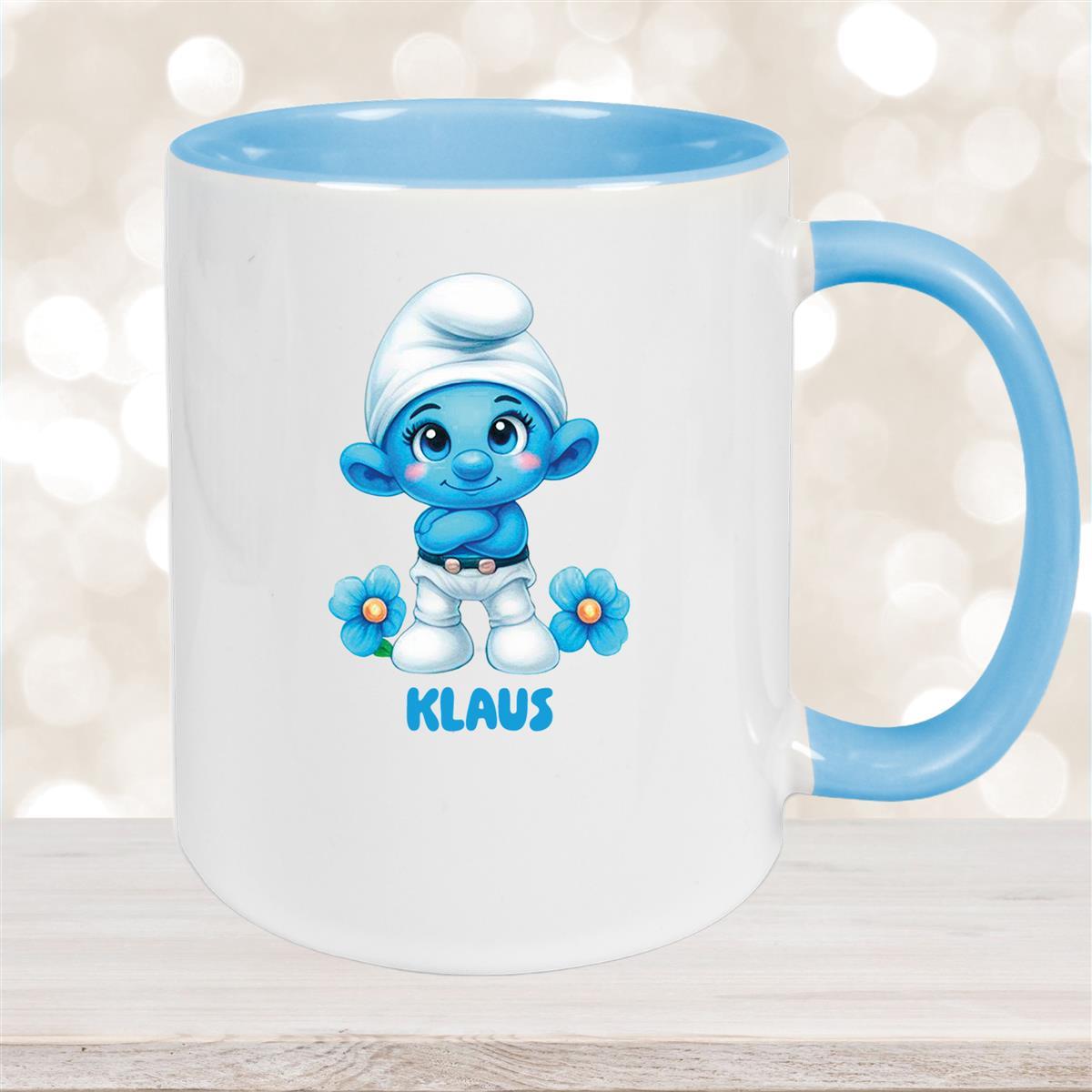 Tasse Kinder Schlumpf #3 Wunschname Keramik Kinderbecher personalisiert versch. Farben Hellblau