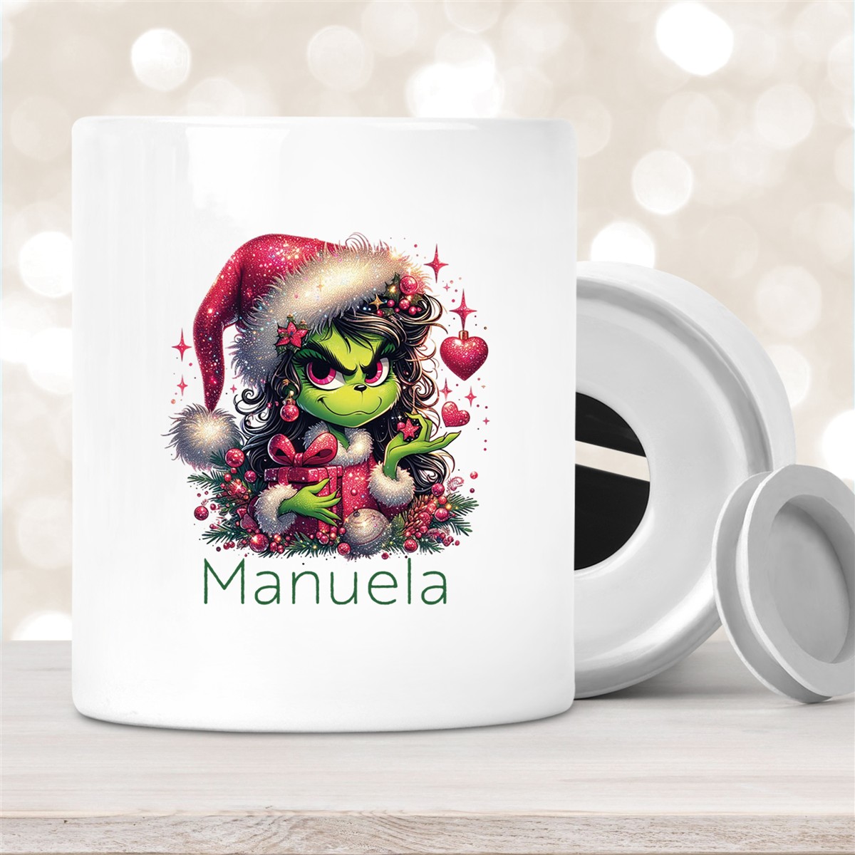 Spardose mit Wunschname Weihnachten Lady-Grinch #2 personalisiert