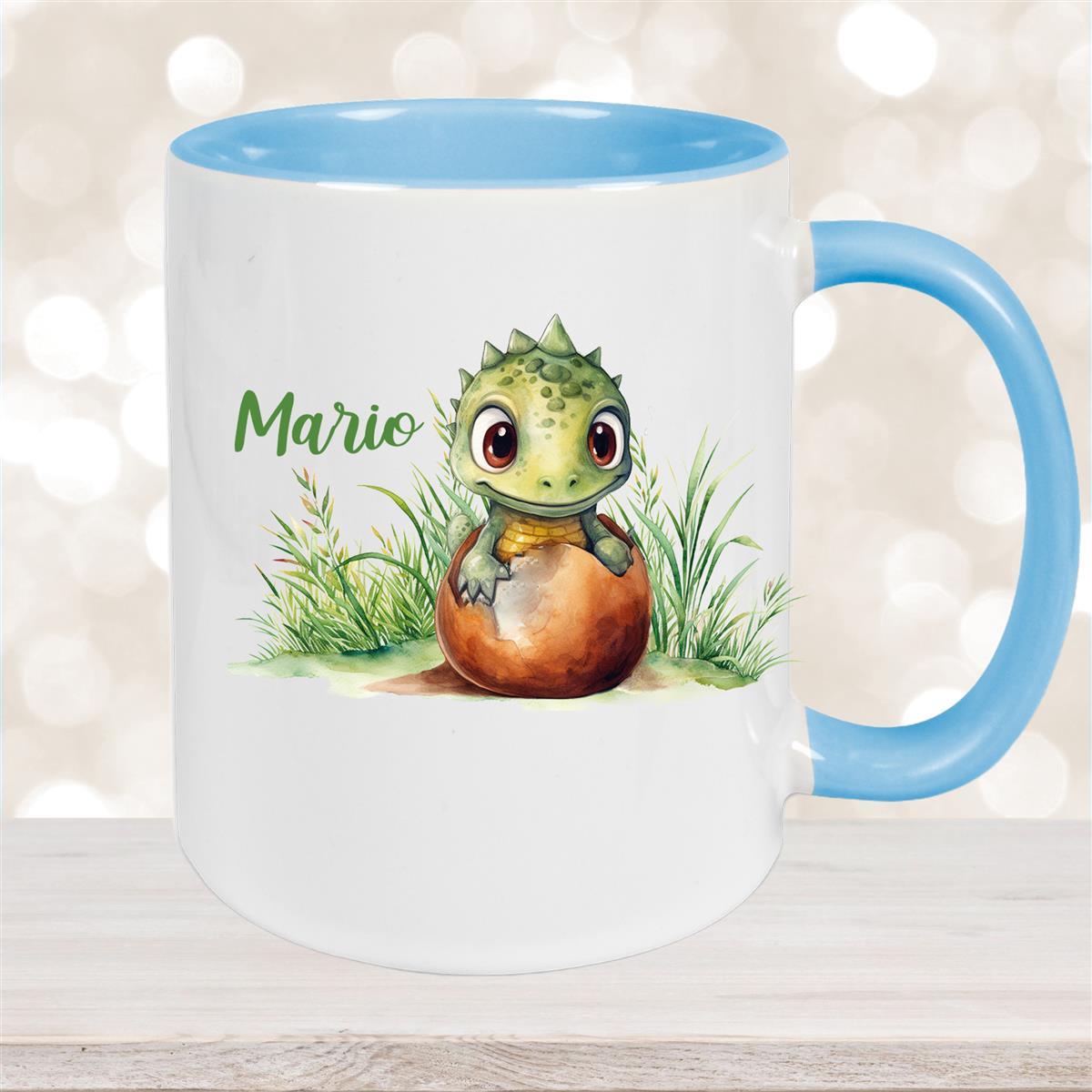 Tasse Dino #7 Wunschname Keramik Kinderbecher Personalisiert Hellblau