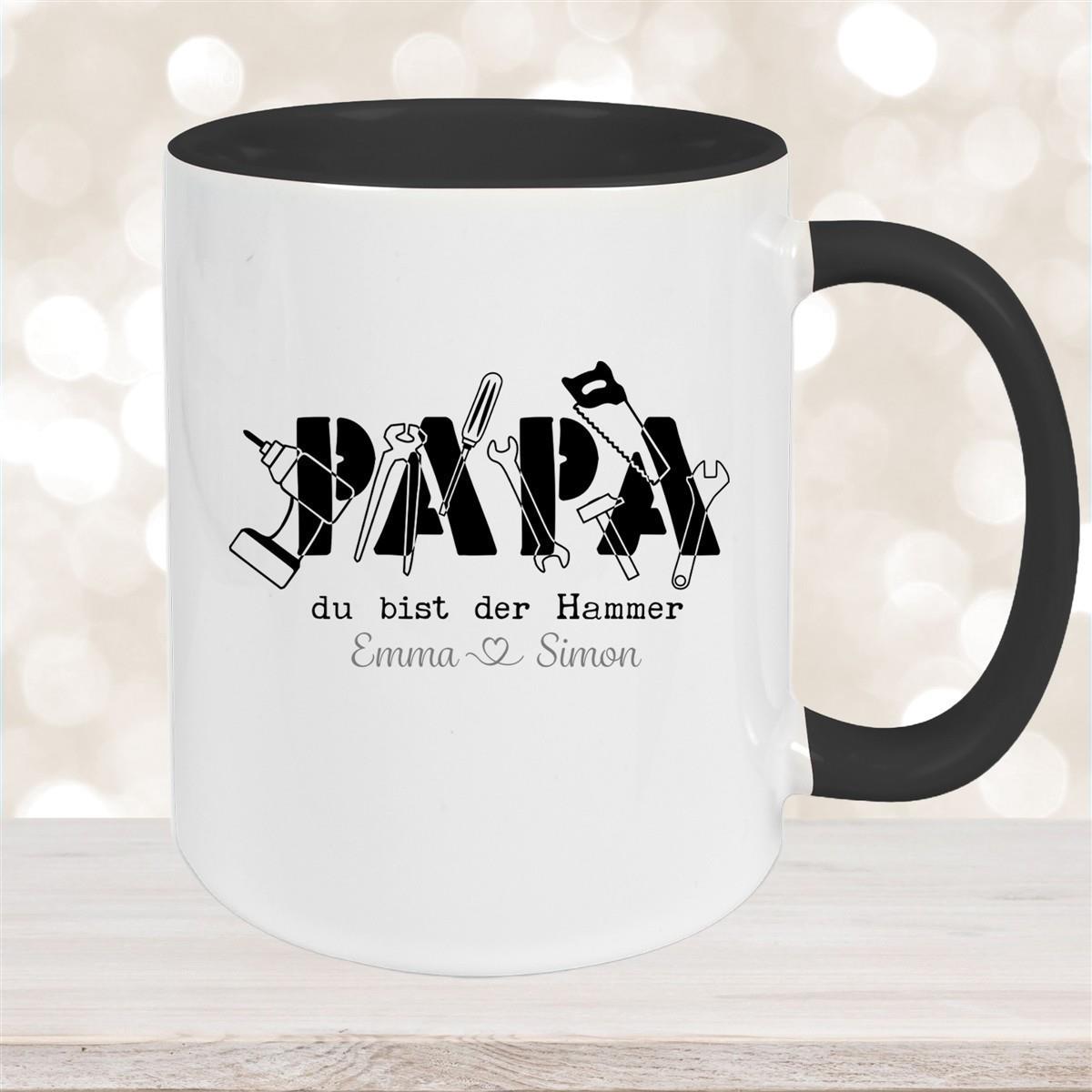 Tasse Vatertag 9 Papa, "Du bist der Hammer" Wunschnamen Keramik Personalisiert versch. Farben