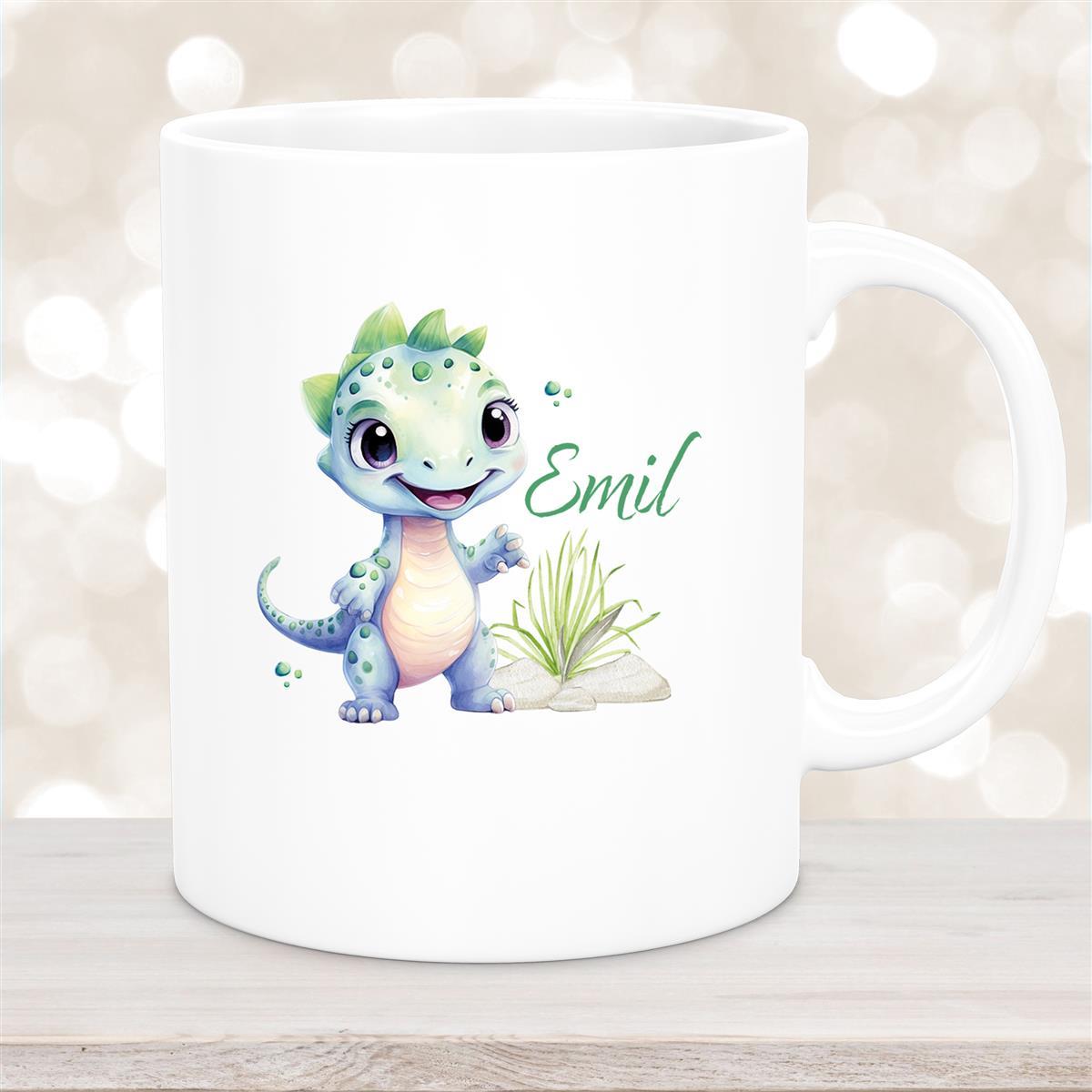 Tasse Dino #14 Wunschname Keramik Kinderbecher Personalisiert Weiß