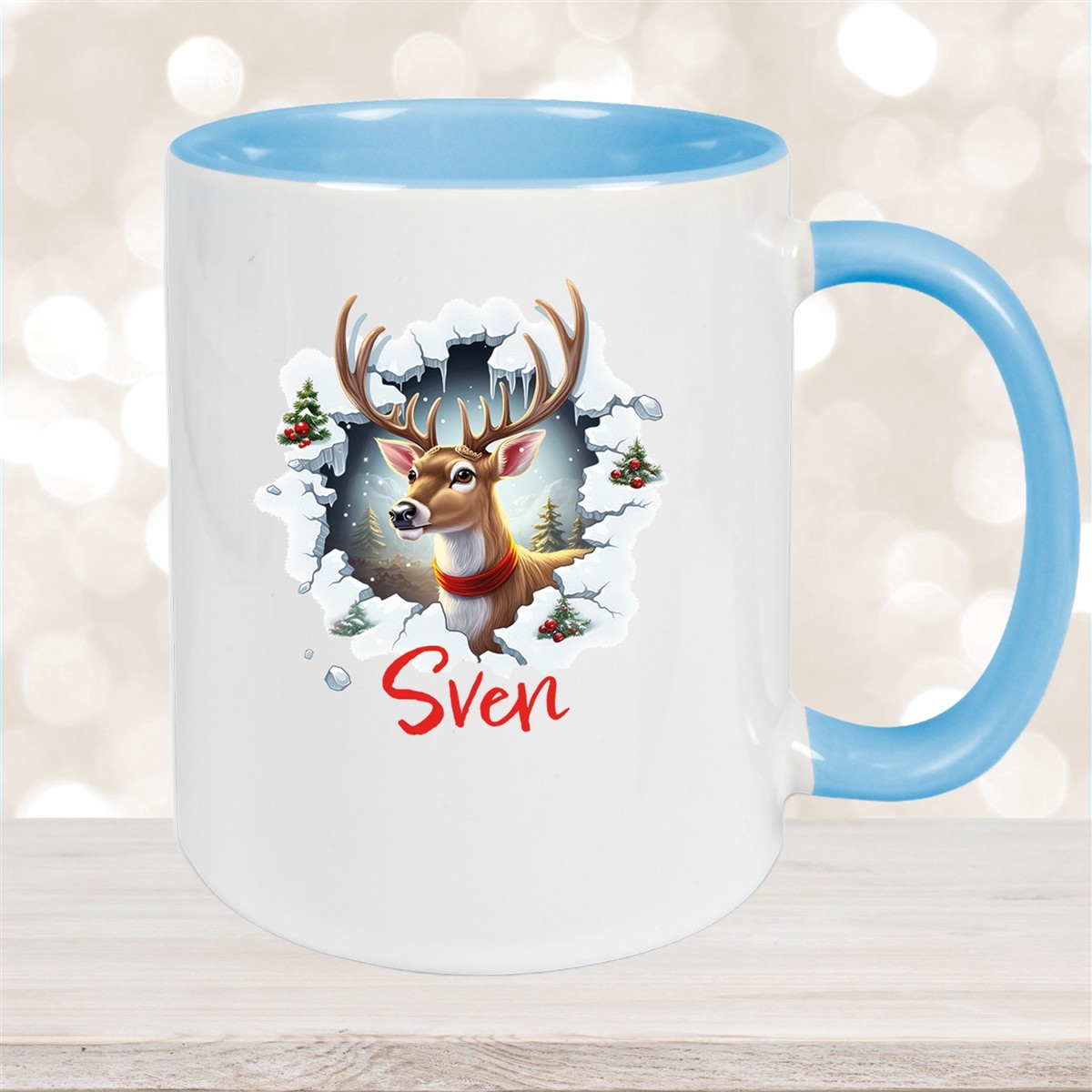 Tasse Wunschname Christmas Rentier #3 Keramik Kinderbecher Hellblau