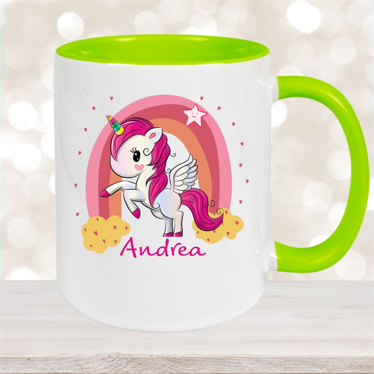 Tasse Wunschname Regenbogen-Einhorn Keramik Kinderbecher personalisiert Grün