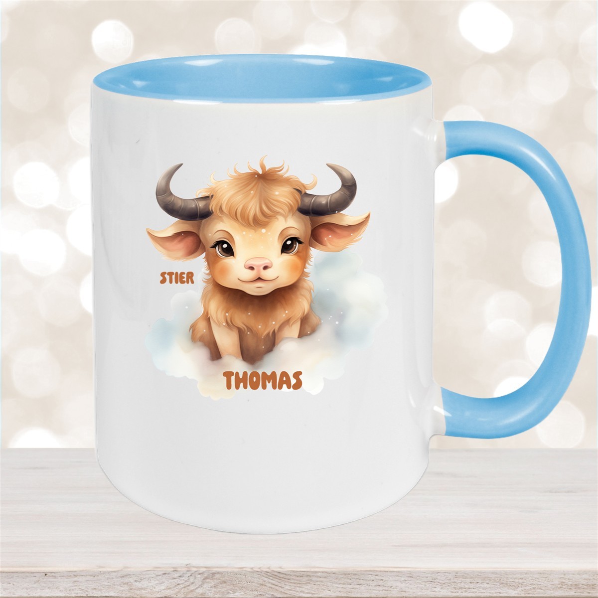 Tasse Sternzeichen Kinder Stier #1 Wunschname Keramik Kinderbecher personalisiert Hellblau