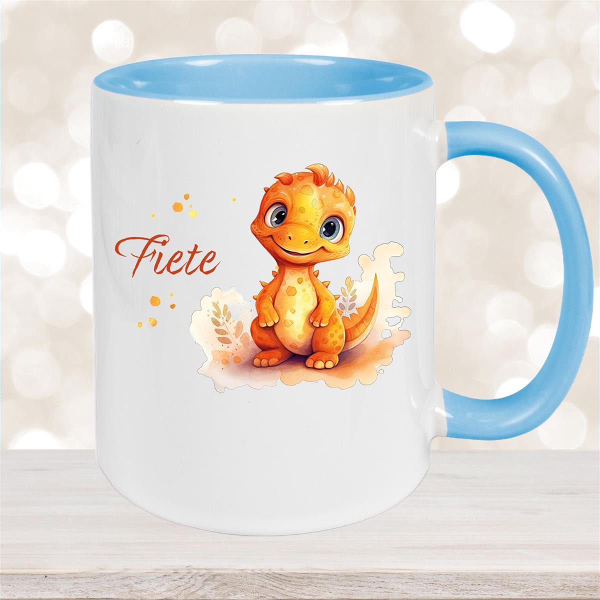 Tasse Dino #10 Wunschname Keramik Kinderbecher Personalisiert Hellblau
