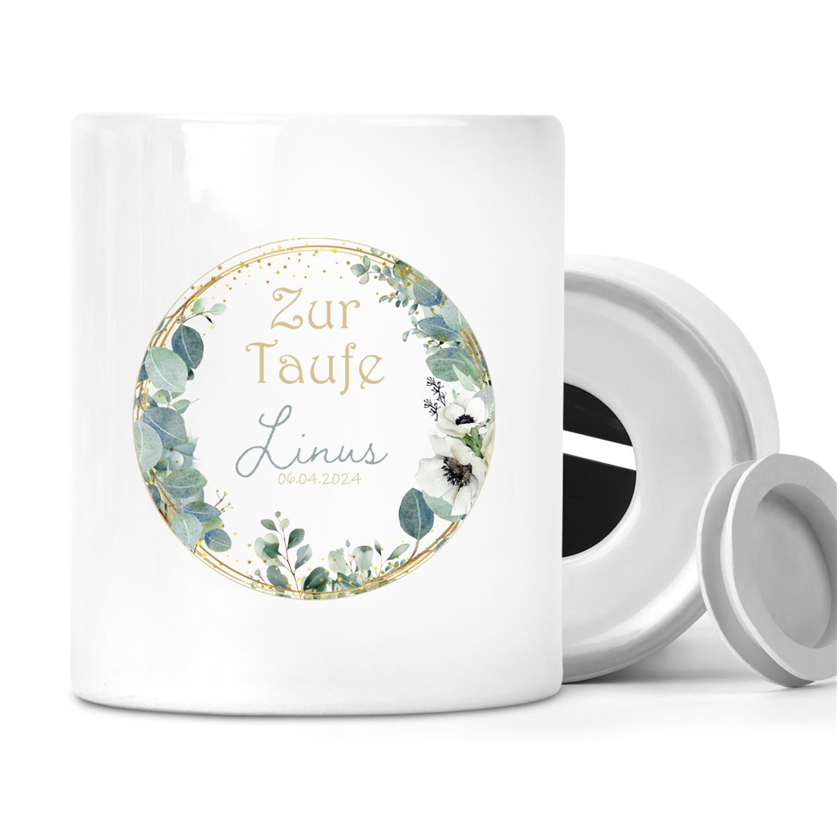 Spardose mit Wunschname Taufe Kreuz 2 personalisiert