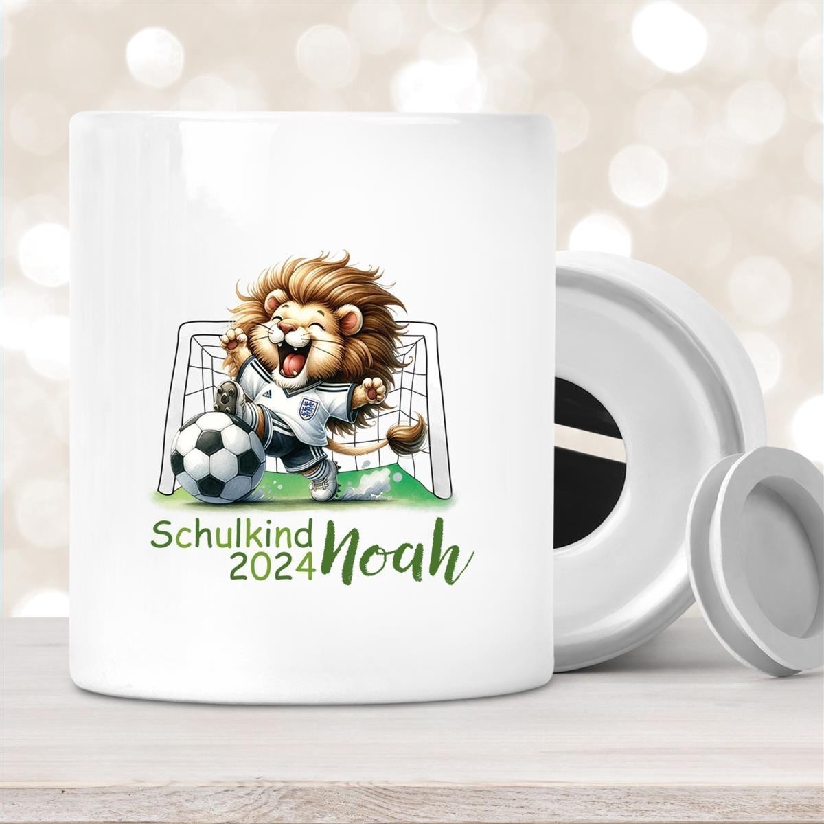 Spardose mit Wunschname Schulanfang #13 Fußball personalisiert