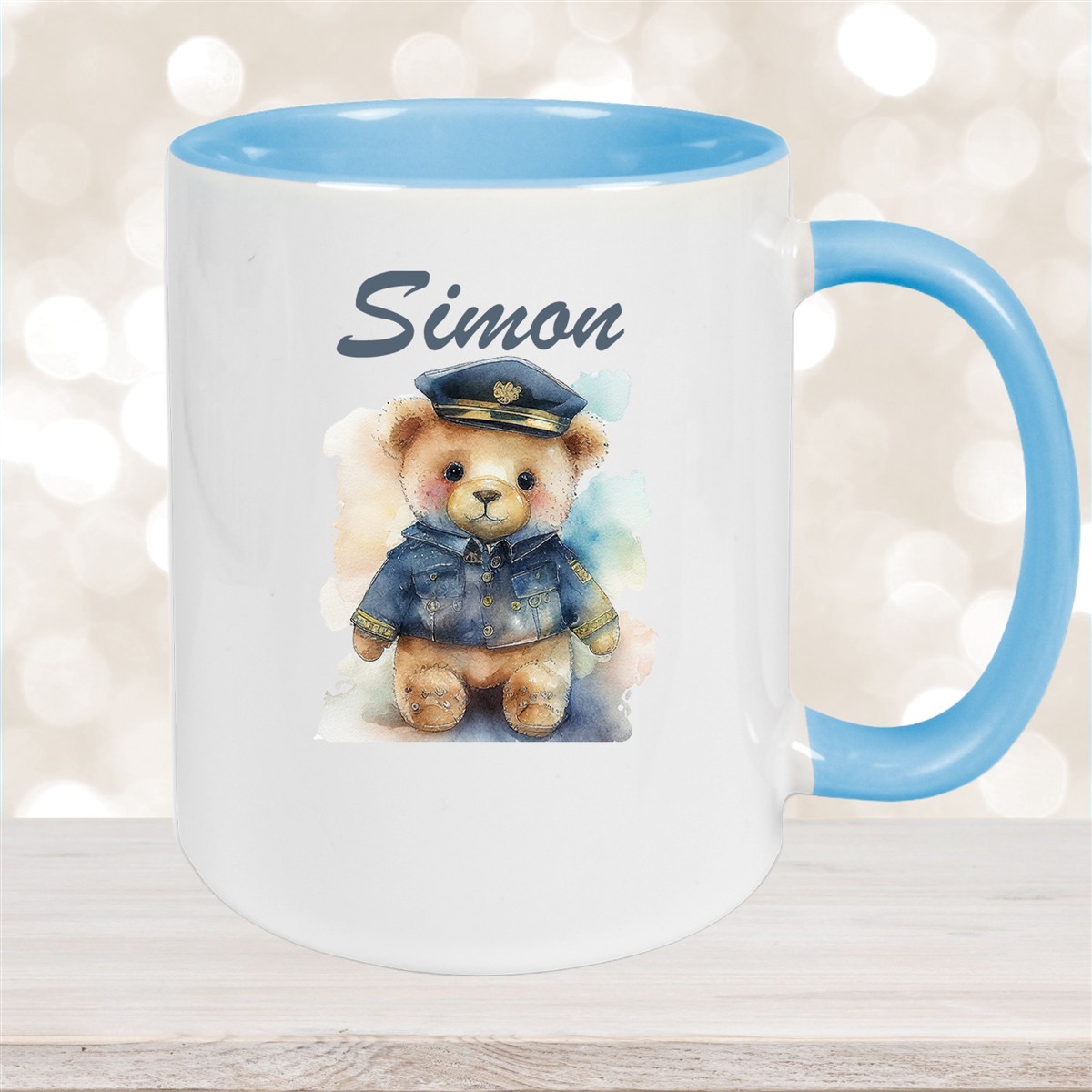 Tasse Polizei Teddy #1 Wunschname Keramik Kinderbecher personalisiert Hellblau