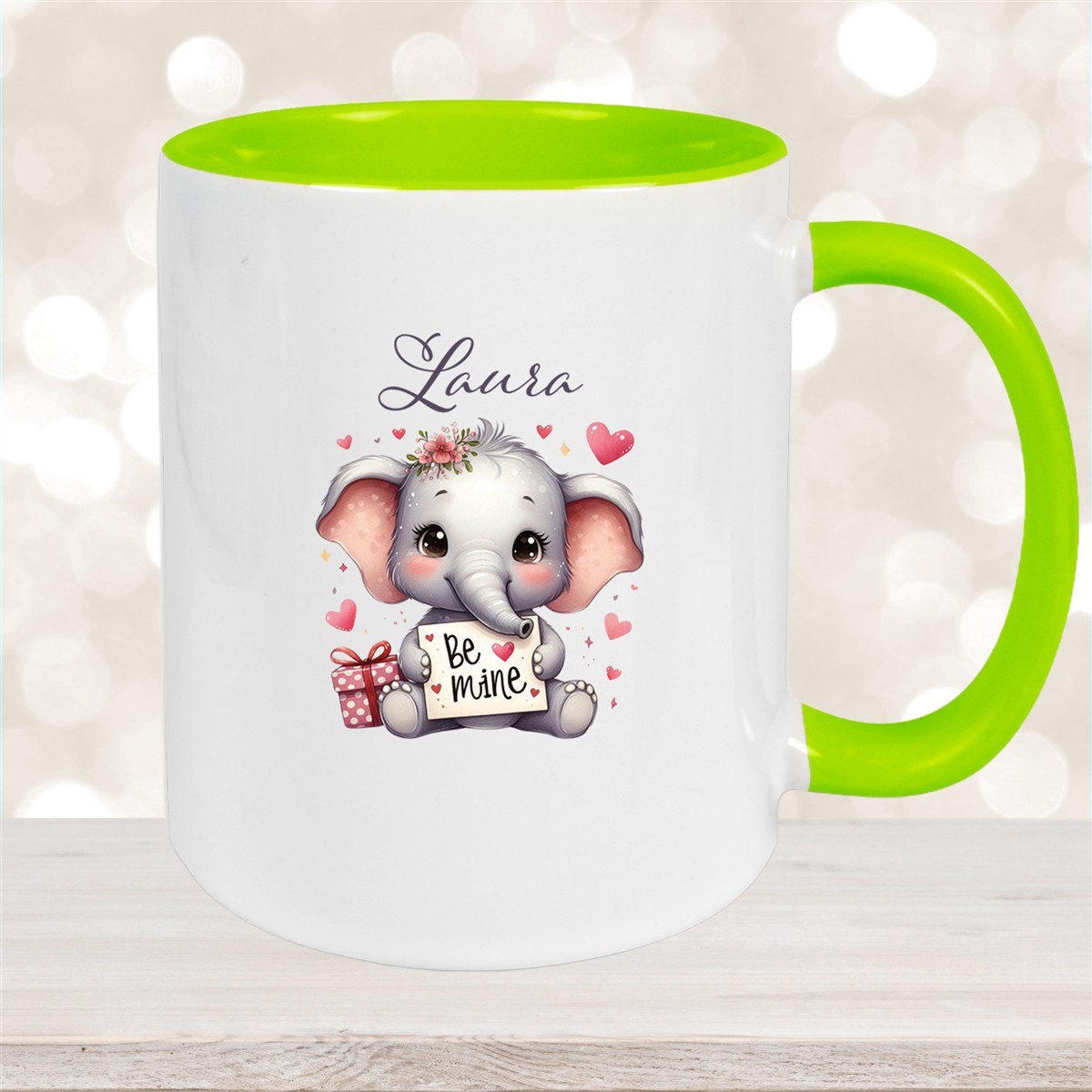 Tasse Liebe - Elefant Valentinstag Wunschnamen Keramik personalisiert versch. Farben Grün