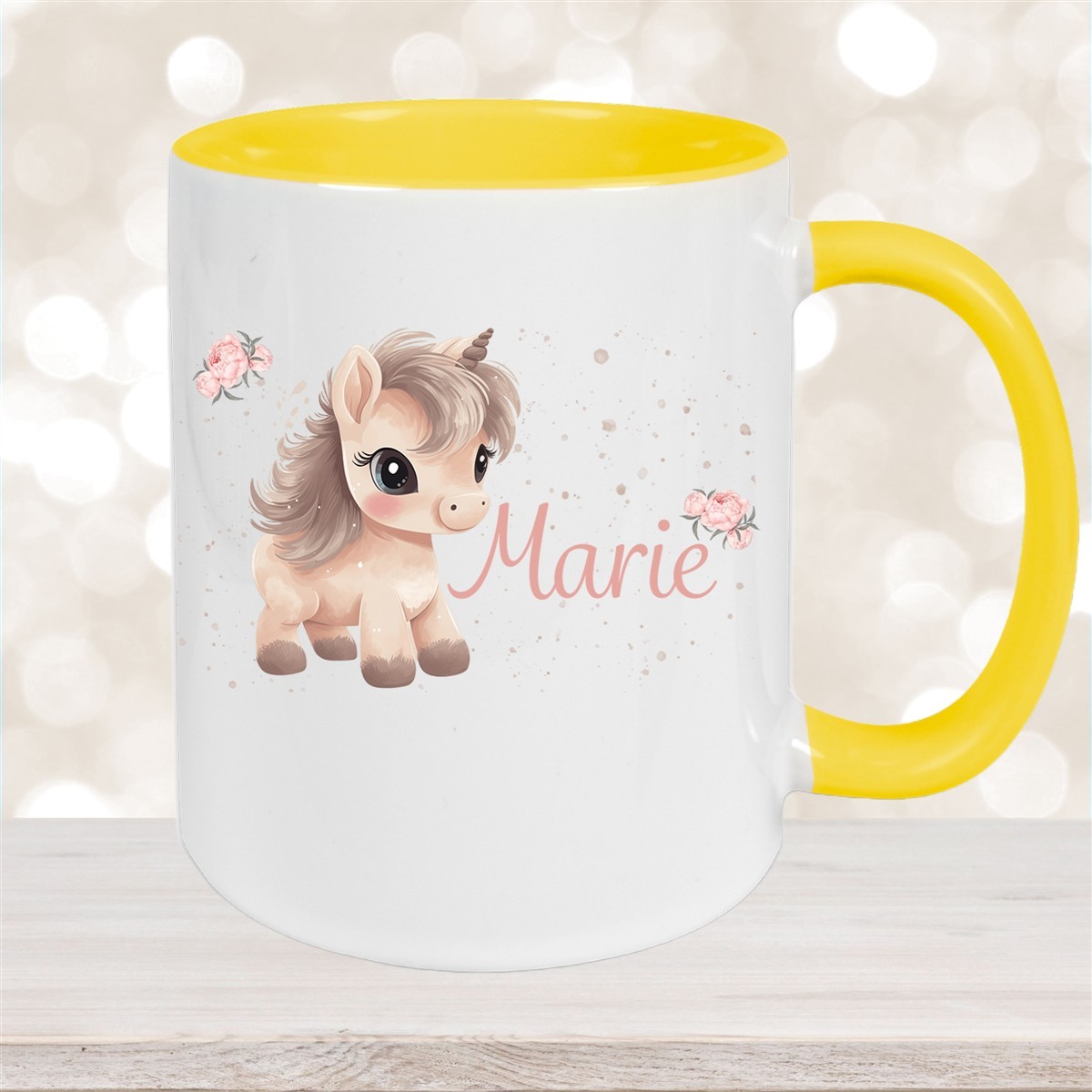 Tasse Einhorn #8 Wunschname Keramik Kinderbecher personalisiert Gelb