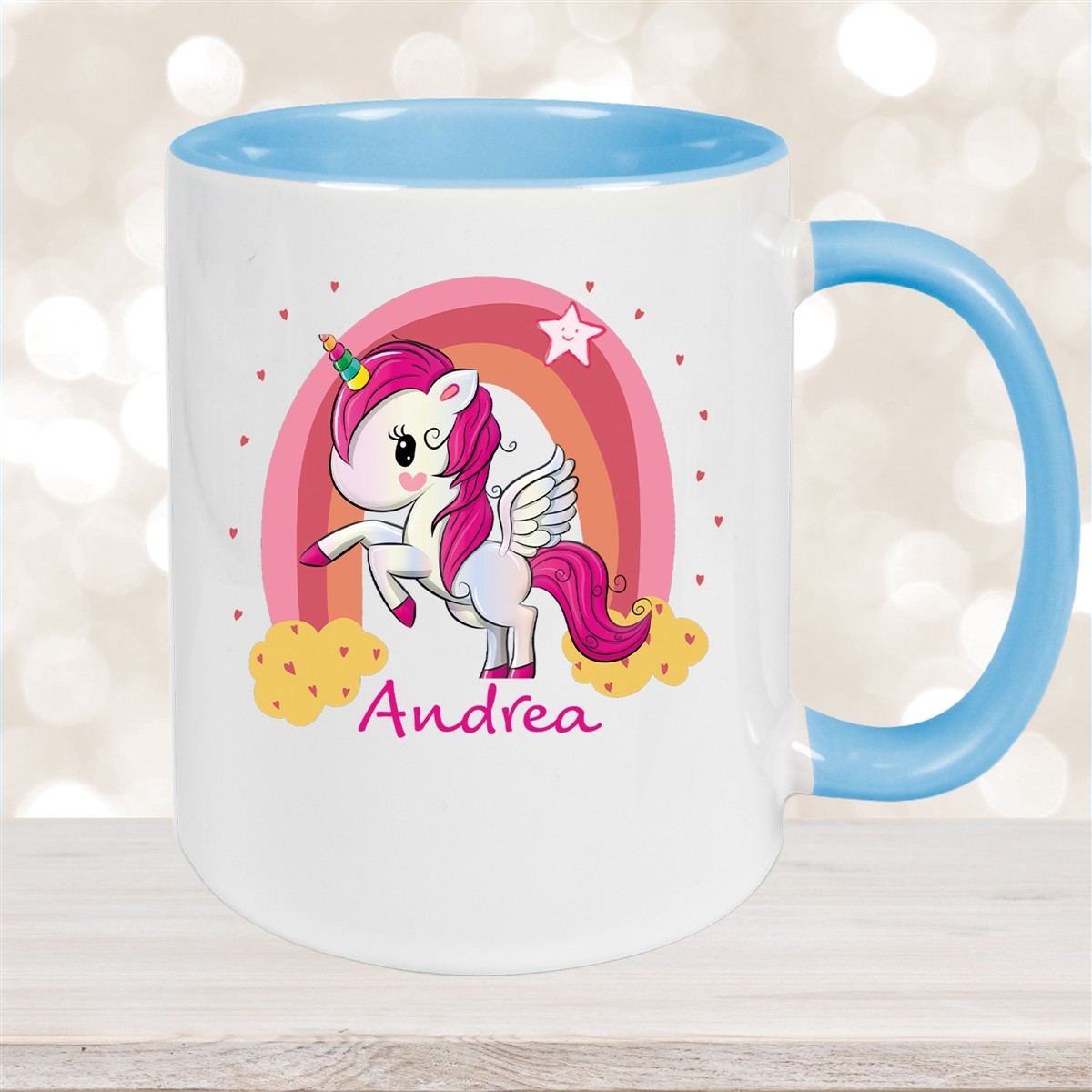 Tasse Wunschname Regenbogen-Einhorn Keramik Kinderbecher personalisiert Hellblau