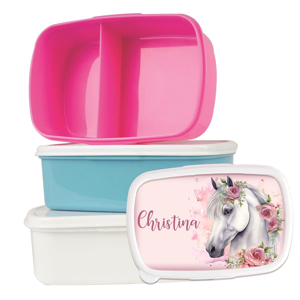 Brotdose mit Namen Pferd 01 – Personalisierte Lunchbox für Schule & Kindergarten versch. Farben