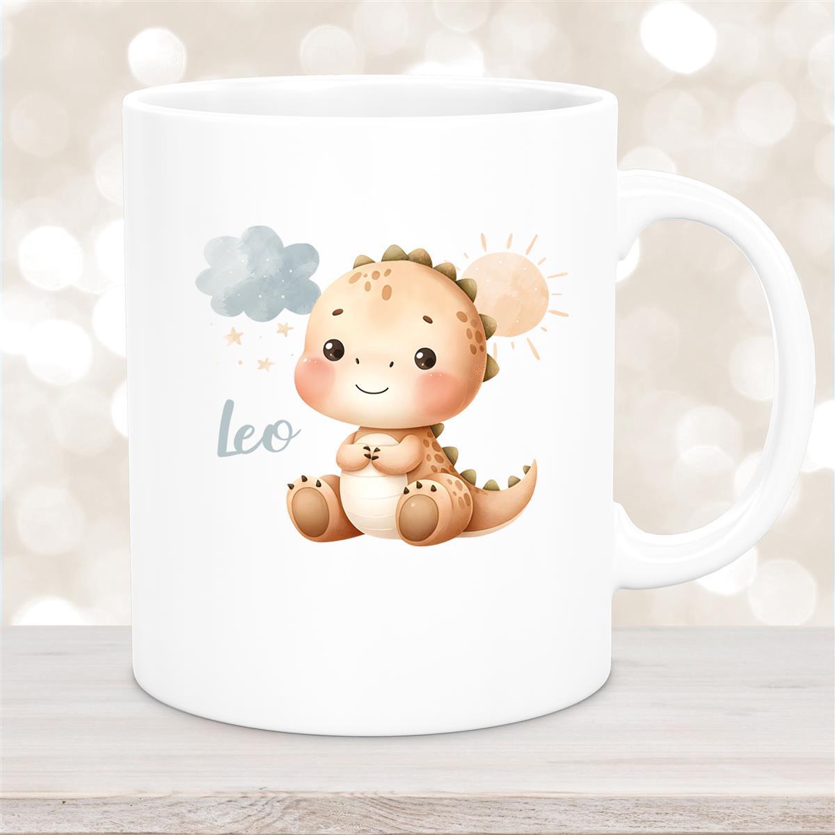 Tasse Dino #19 Wunschname Keramik Kinderbecher Personalisiert Weiß