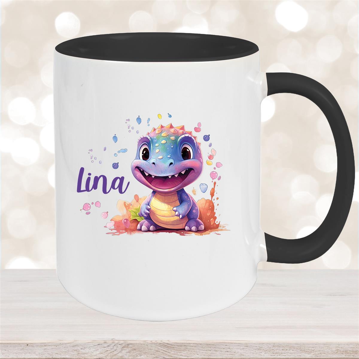 Tasse Dino #9 Wunschname Keramik Kinderbecher Personalisiert Schwarz