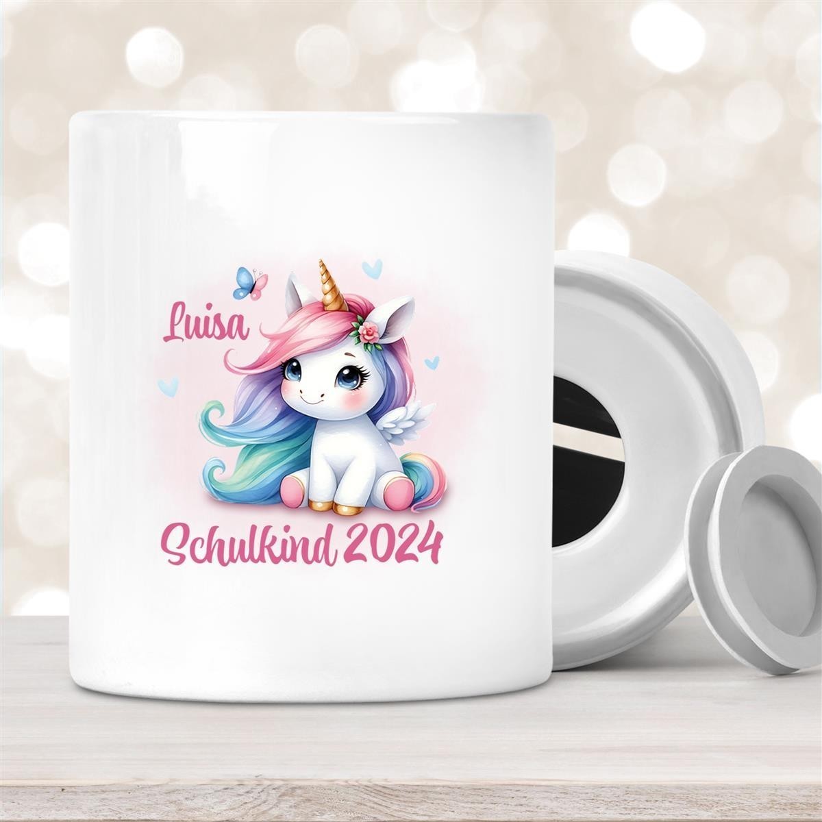 Spardose mit Wunschname Schulanfang #9 Einhorn personalisiert