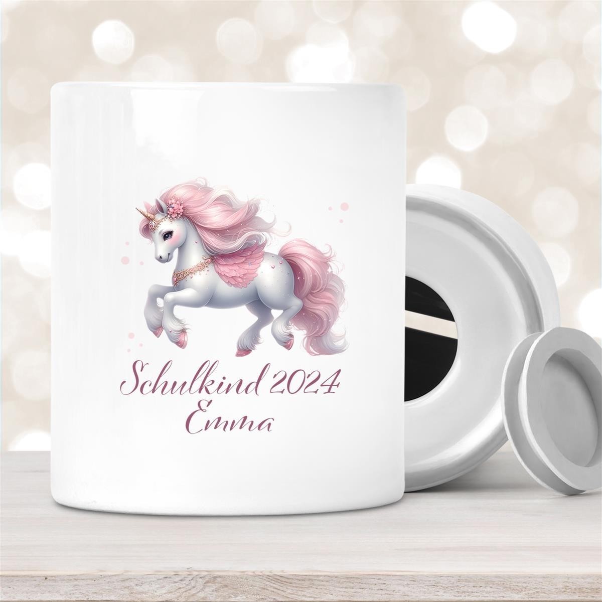 Spardose mit Wunschname Schulanfang #3 Einhorn personalisiertt