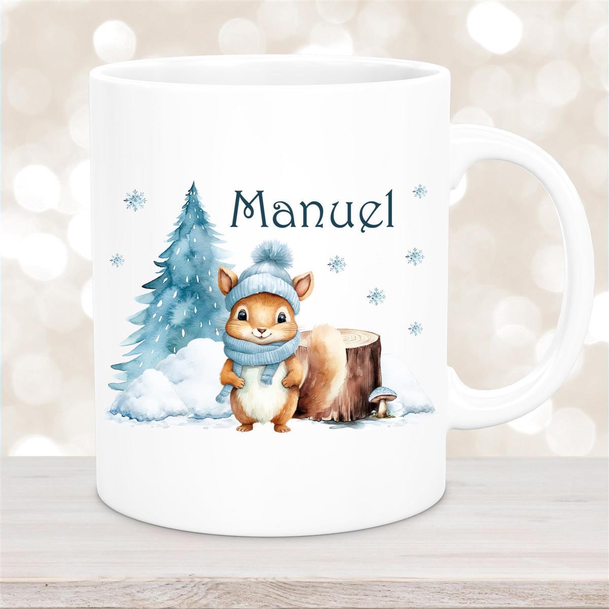 Tasse Wunschname Weihnachten Eichhörnchen #1 Keramik Kinderbecher Weiß
