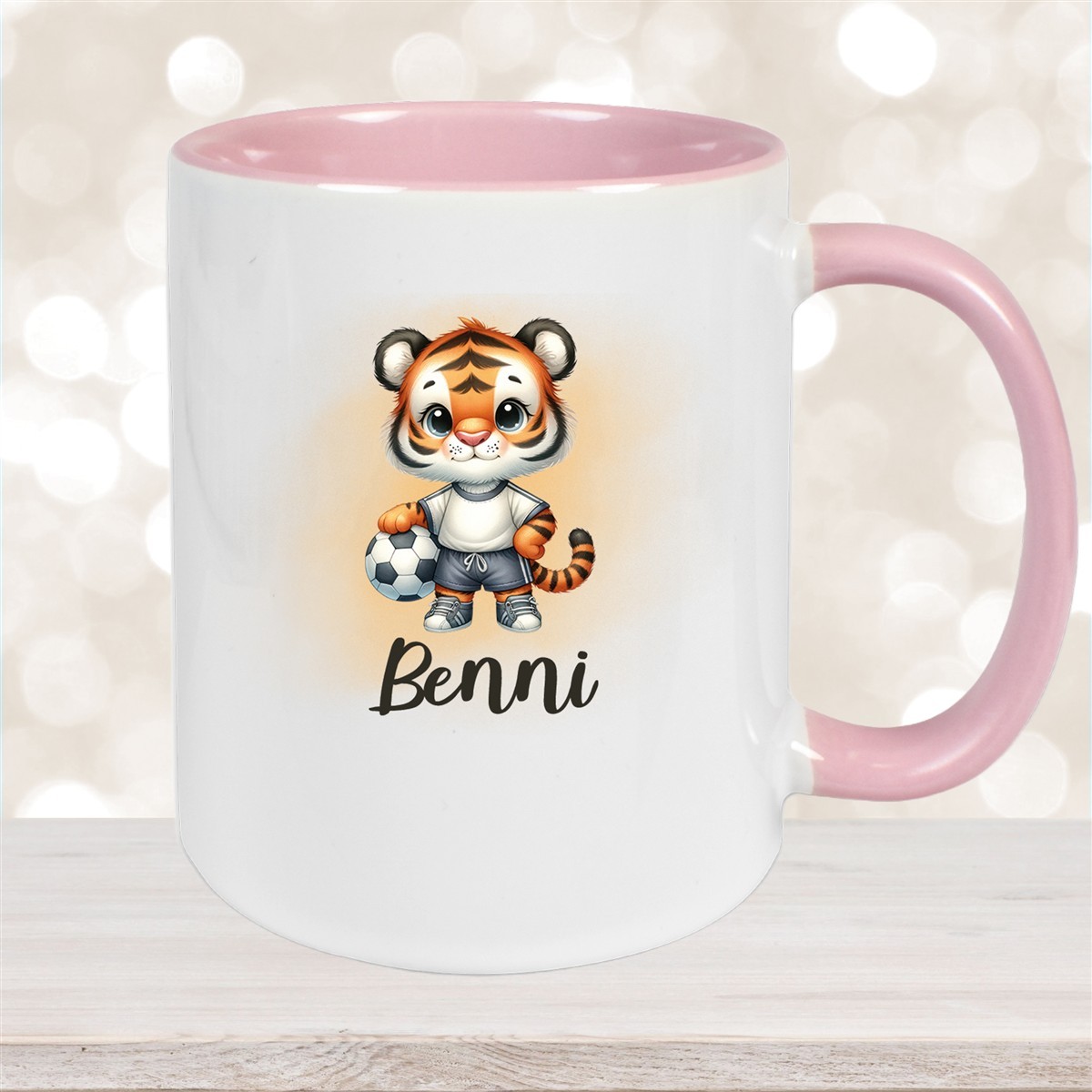 Tasse Wunschname Fußball #16 Personalisiert Tiger Keramik Kinderbecher Altrosa