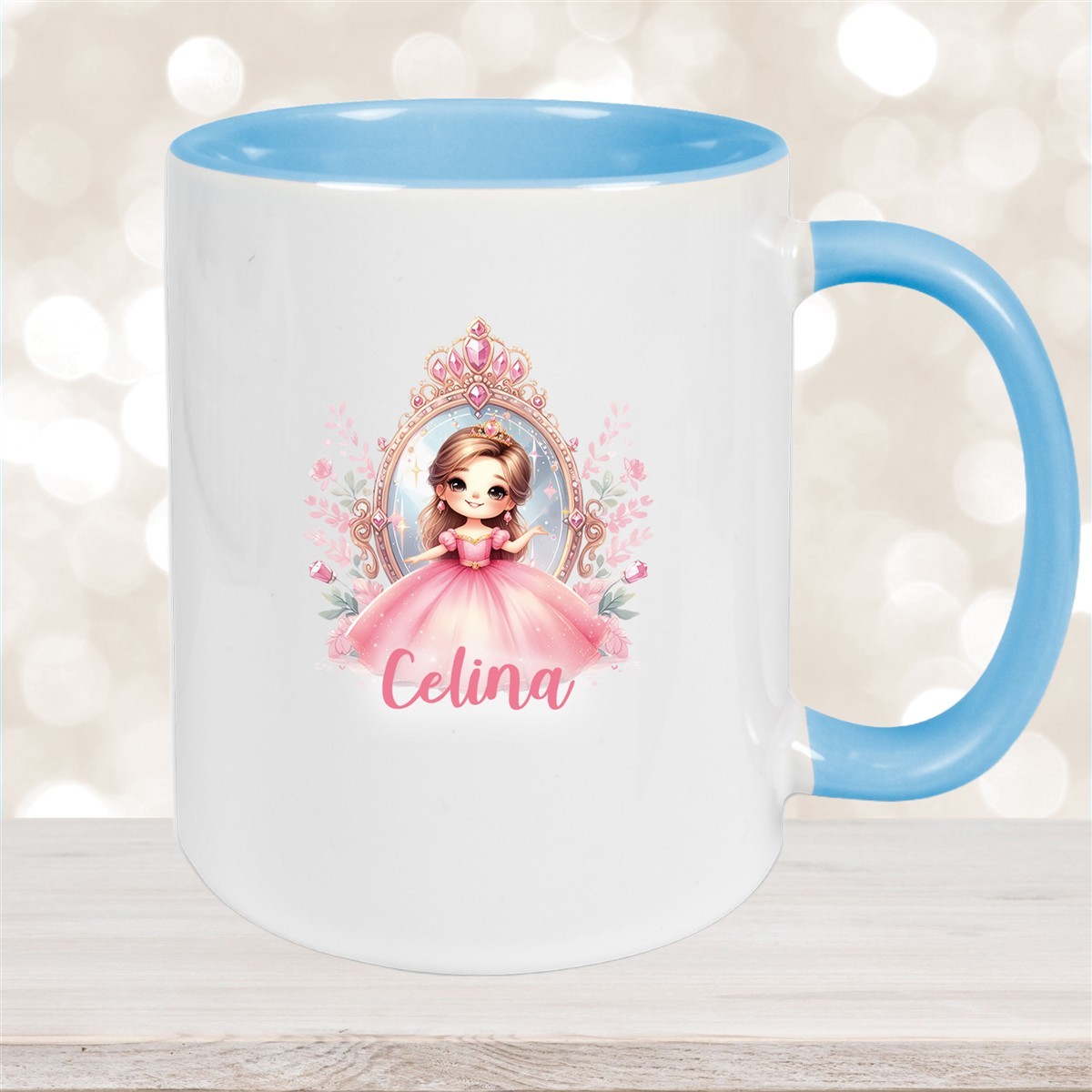 Tasse Kinder Prinzessin #2 Wunschname Keramik Kinderbecher personalisiert Hellblau