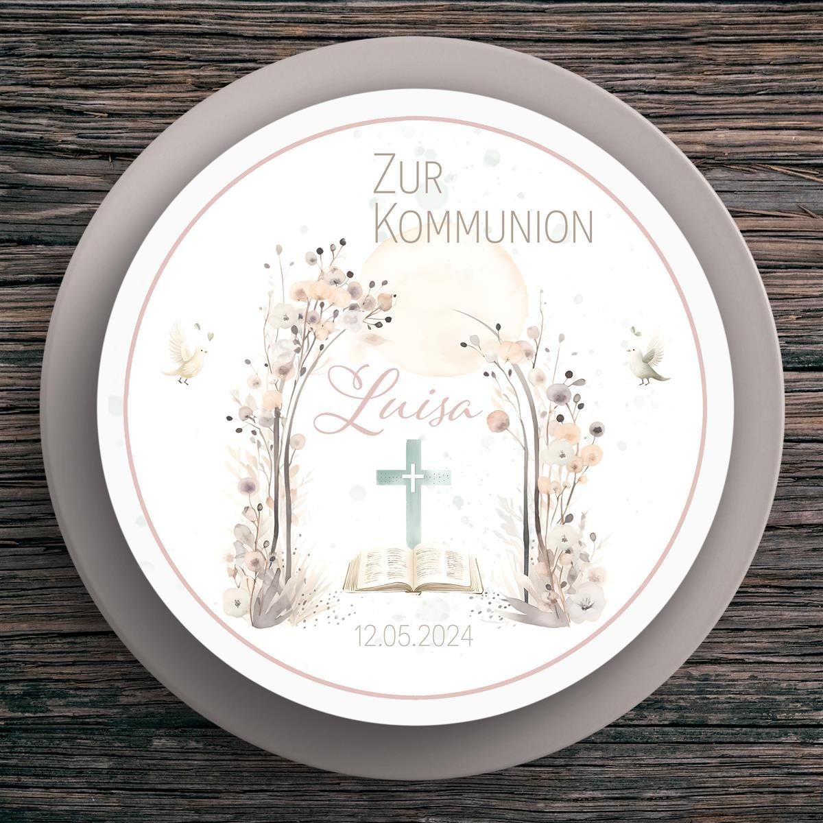 Tortenaufleger Kommunion Blüten #1 Name & Datum (20cm)