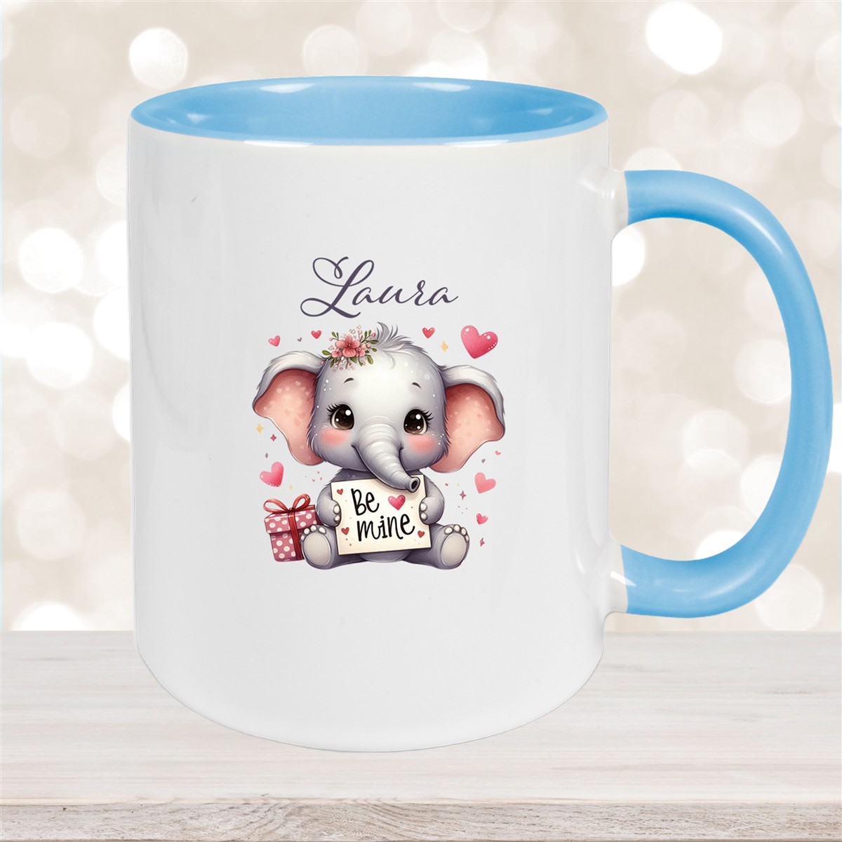 Tasse Liebe - Elefant Valentinstag Wunschnamen Keramik personalisiert versch. Farben Hellblau