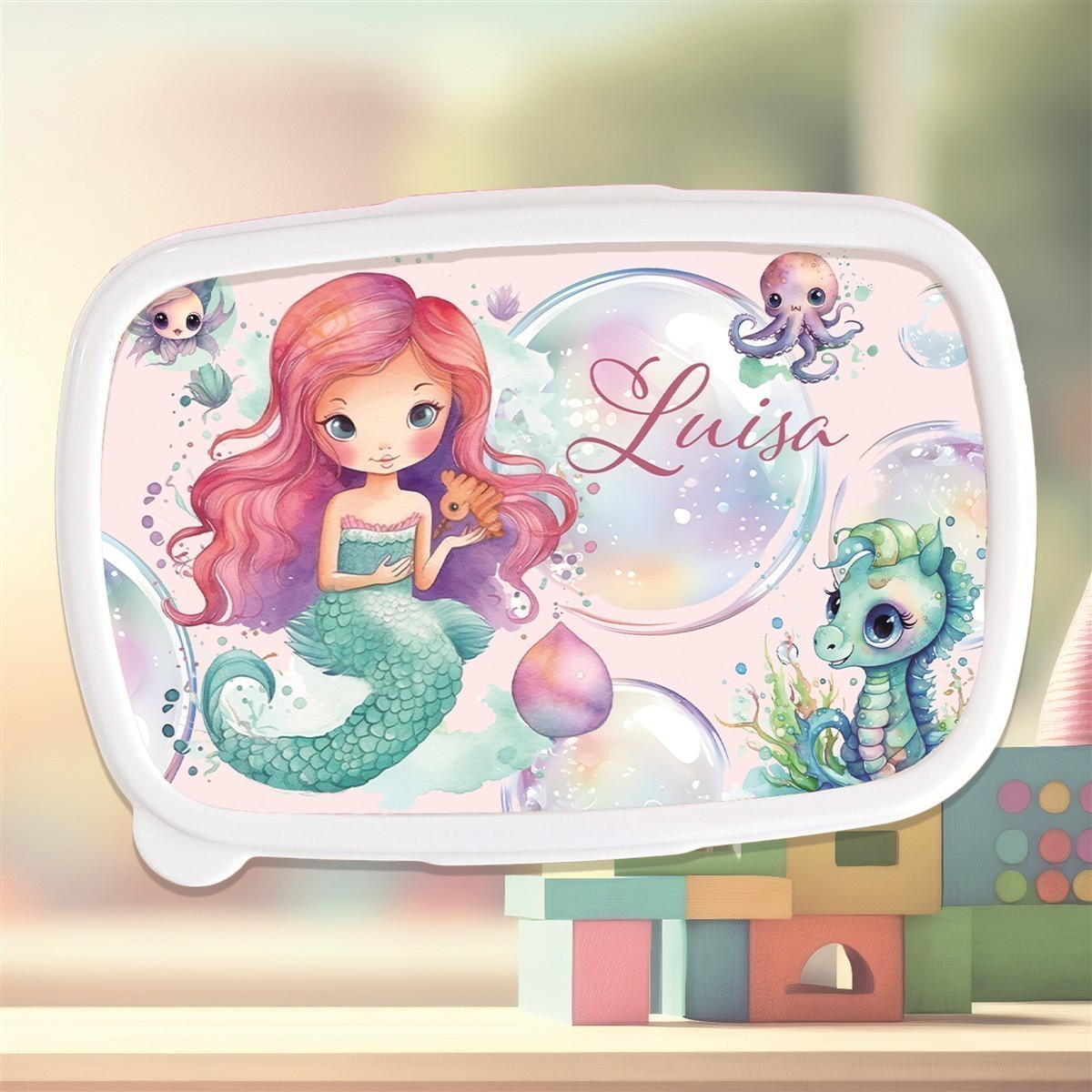Brotdose mit Namen Meerjungfrau #01 – Personalisierte Lunchbox für Schule & Kindergarten Weiß