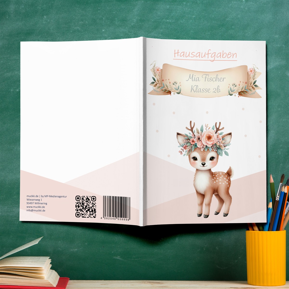 Hausaufgabenheft Reh #1  DIN A5 - 48 Blatt mit Name und Klasse