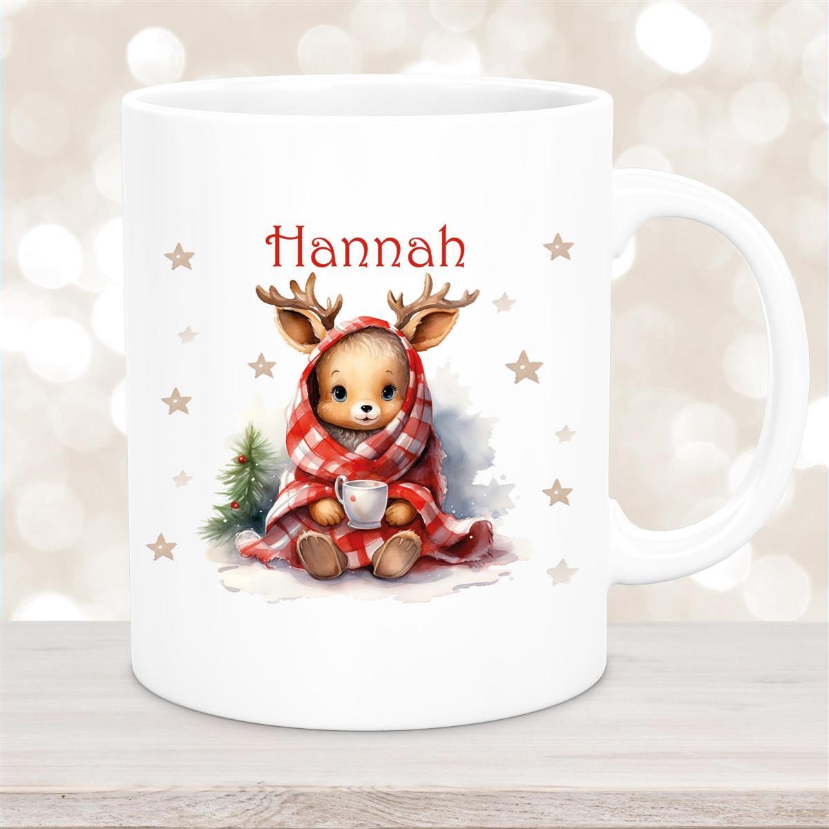Tasse Wunschname Weihnachten Rehlein #1 Keramik Kinderbecher Weiß