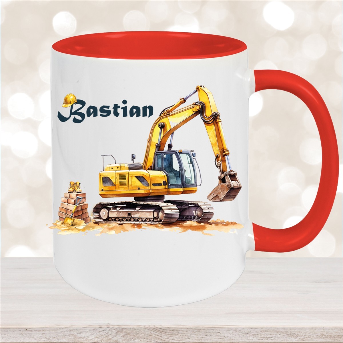Tasse Wunschname Baustelle Bagger Keramik Kinderbecher Rot