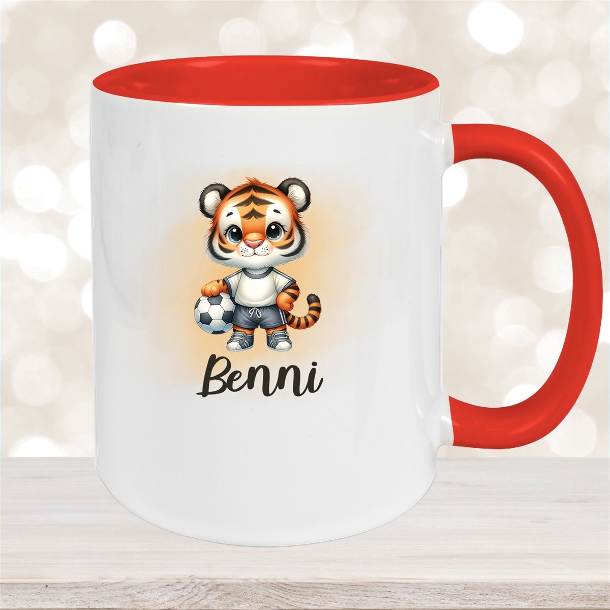 Tasse Wunschname Fußball #16 Personalisiert Tiger Keramik Kinderbecher Rot
