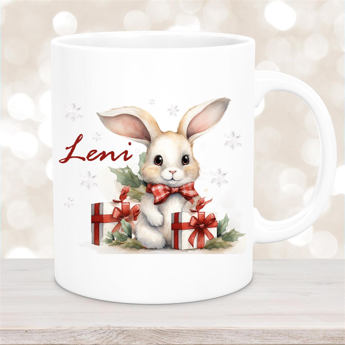 Tasse Wunschname Weihnachten Hase Sterne Keramik Kinderbecher Weiß