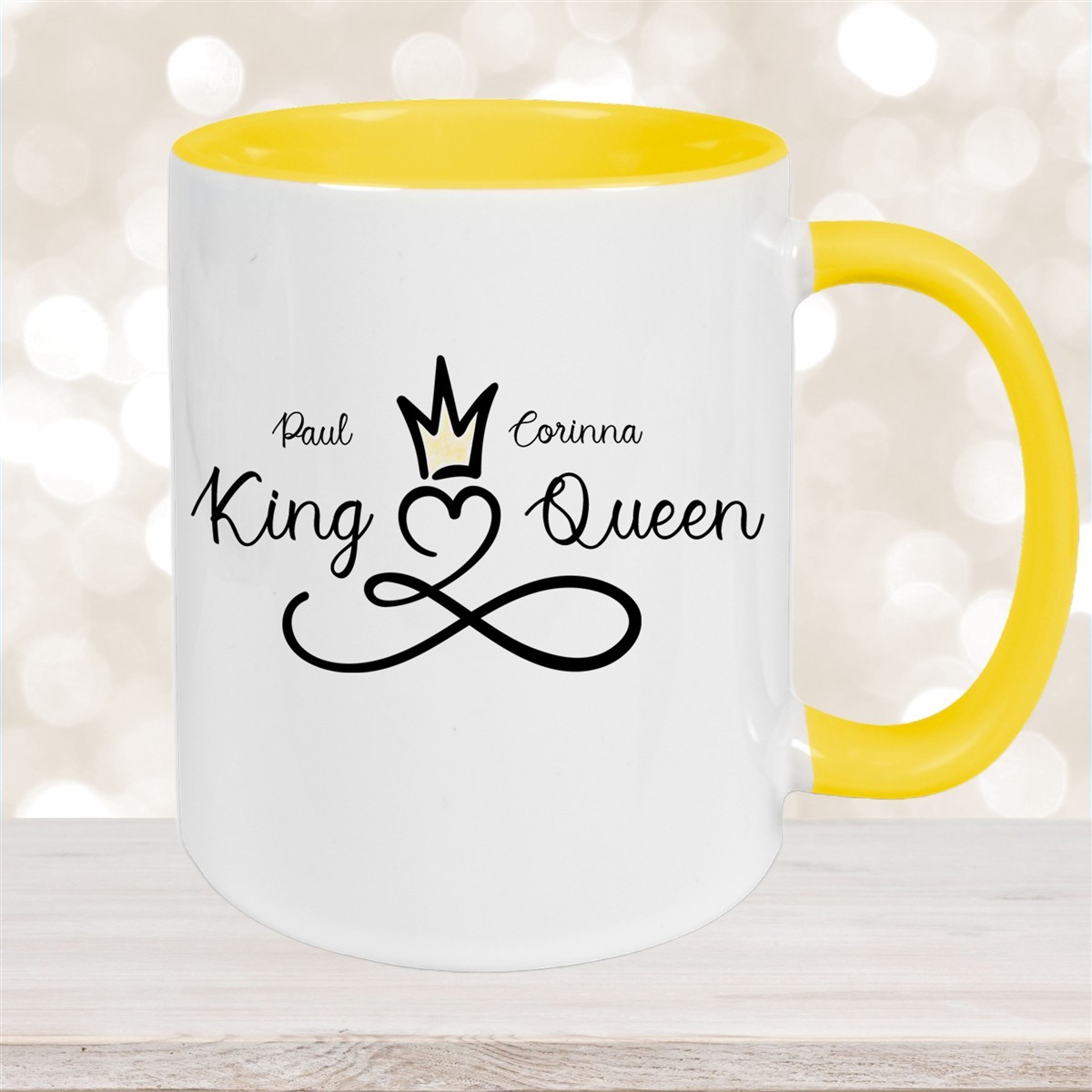 Tasse Liebe - Spruch "King & Queen" Valentinstag Wunschnamen Keramik personalisiert versch. Farben Gelb