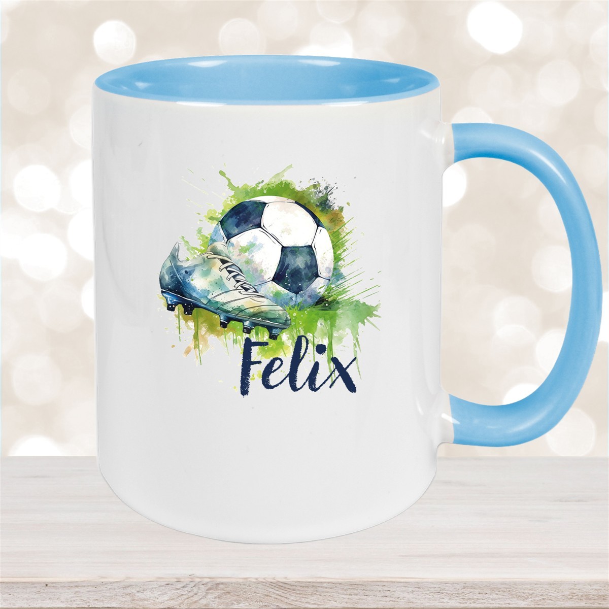 Tasse Fußball #4 Wunschname Keramik Kinderbecher personalisiert Hellblau