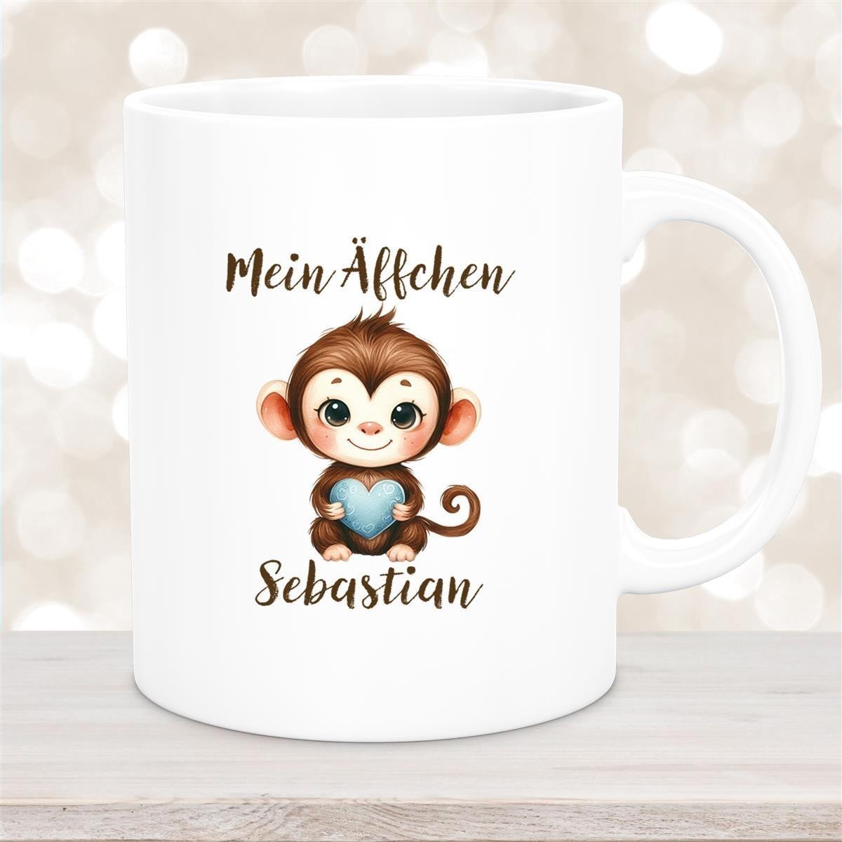 Tasse Liebe - Äffchen Valentinstag Wunschnamen Keramik personalisiert Weiß
