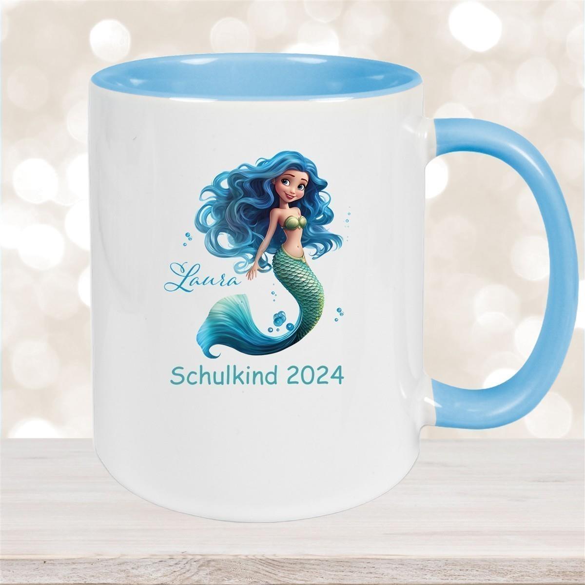 Tasse Schulkind 10 Wunschname Meerjungfrau 1 Keramik Kinderbecher Personalisiert versch. Farben