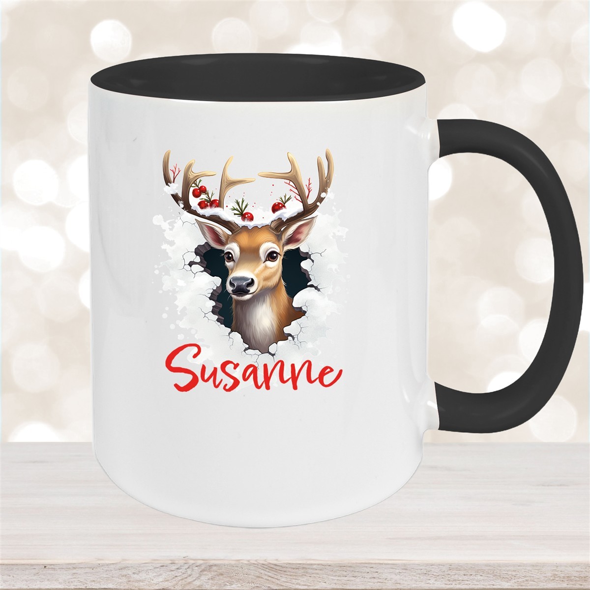 Tasse Wunschname Christmas Rentier #2 Keramik Kinderbecher Schwarz