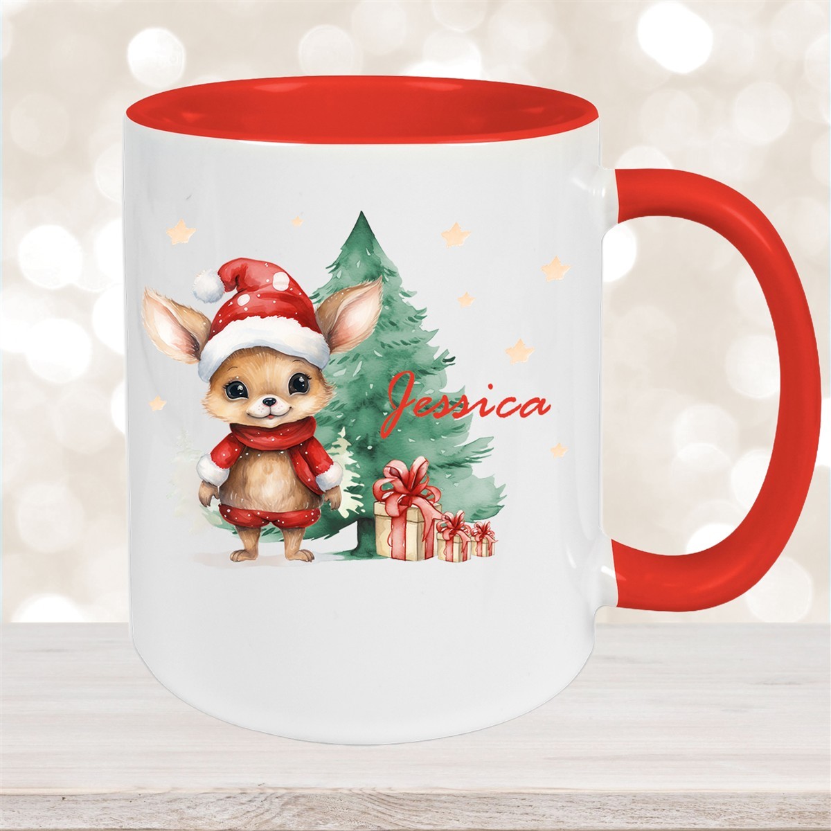 Tasse Wunschname Weihnachten Rehlein-Tannenbaum Keramik Kinderbecher Rot