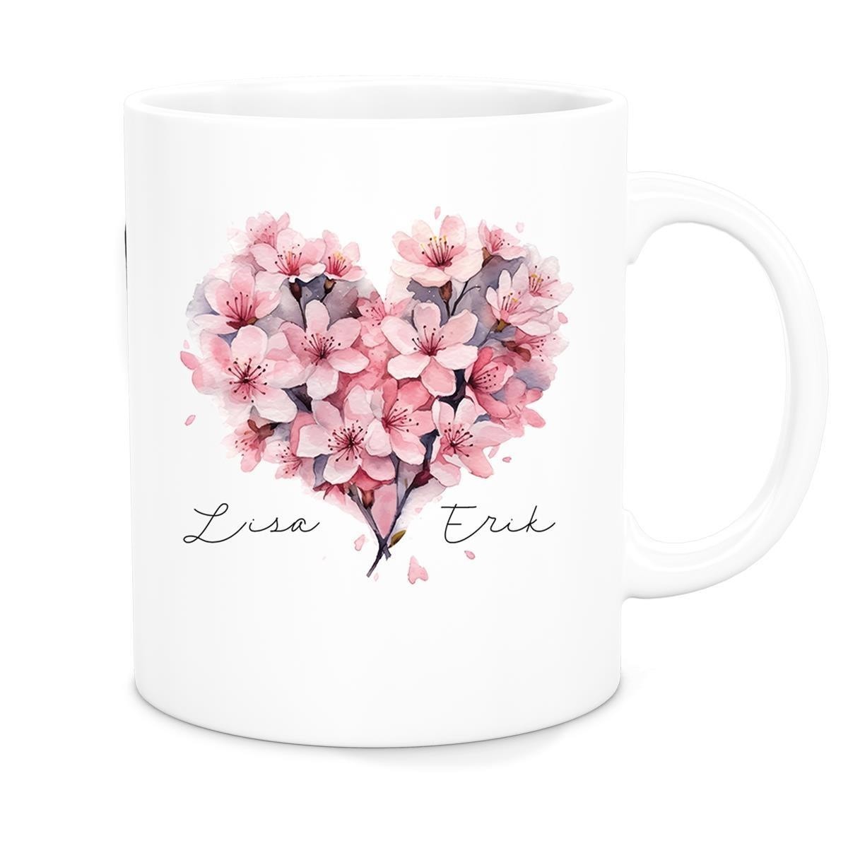 Tasse Liebe - Kirschblüten-Herz Valentinstag Wunschnamen Keramik personalisiert Weiß