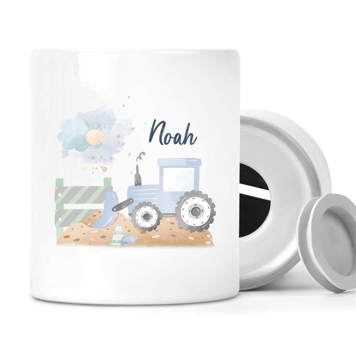 Spardose mit Wunschname Baustelle Traktor 1 personalisiert