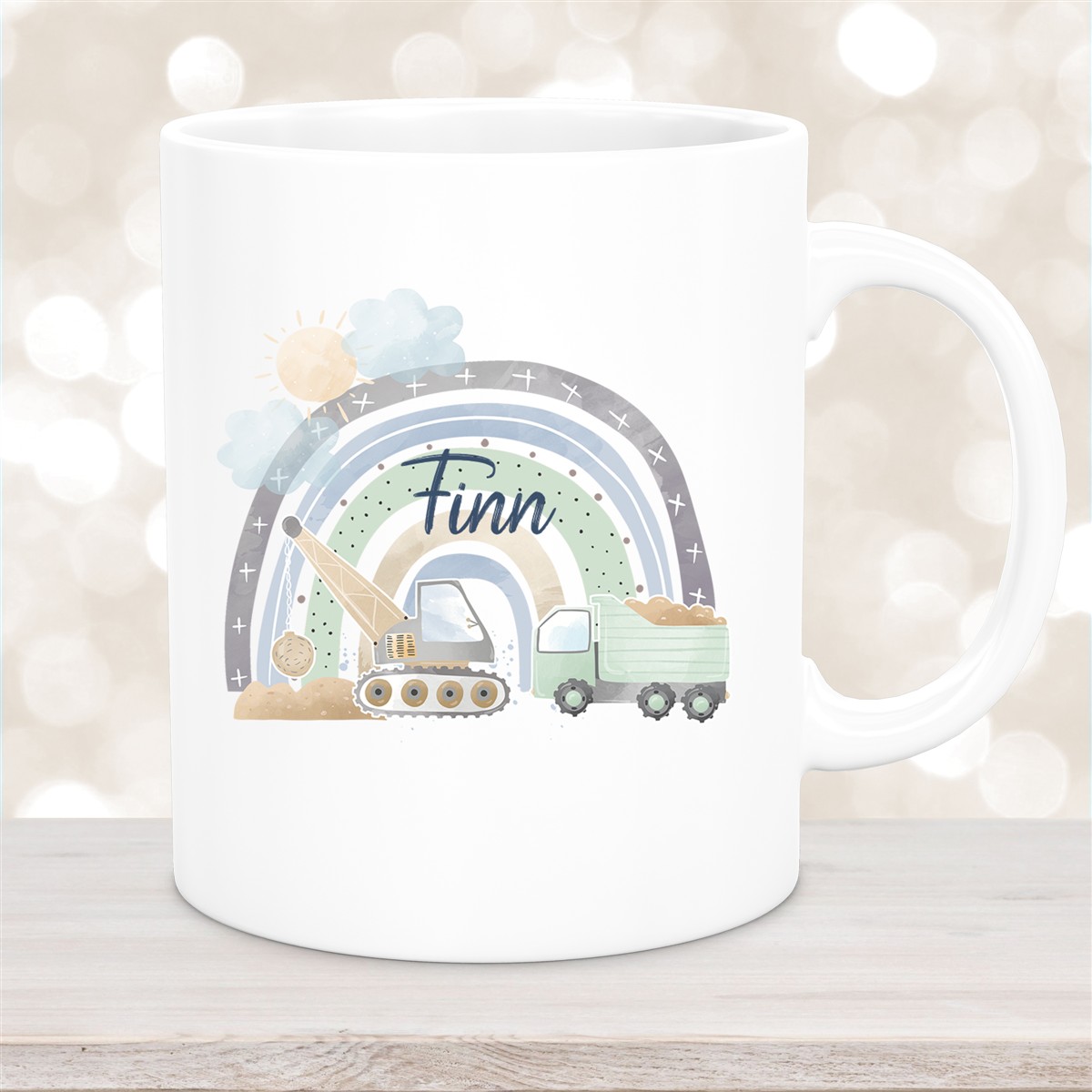 Tasse Wunschname Baustelle Regenbogen #1 Keramik Kinderbecher versch. Farben