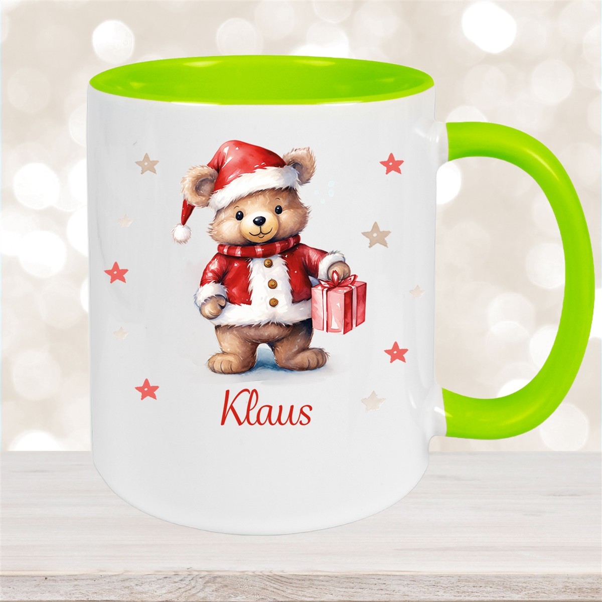 Tasse Wunschname Weihnachten Teddy Sterne Keramik Kinderbecher versch. Farben