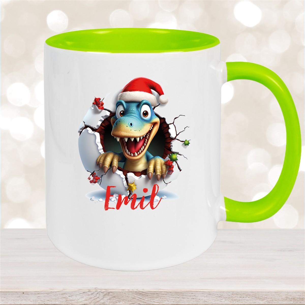 Tasse Wunschname Christmas Dino #2 Keramik Kinderbecher Grün