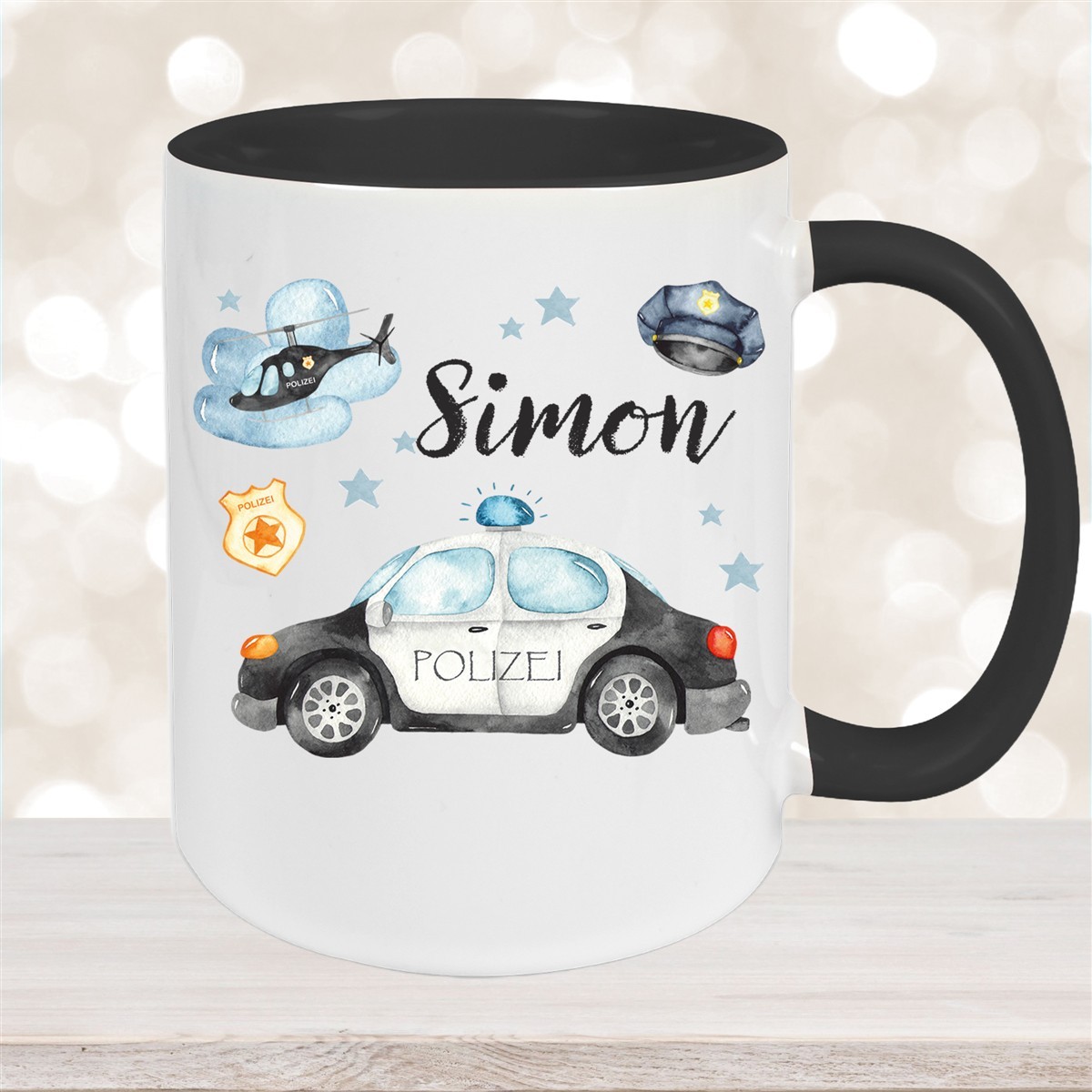 Tasse Polizei #3 Wunschname Keramik Kinderbecher personalisiert Schwarz