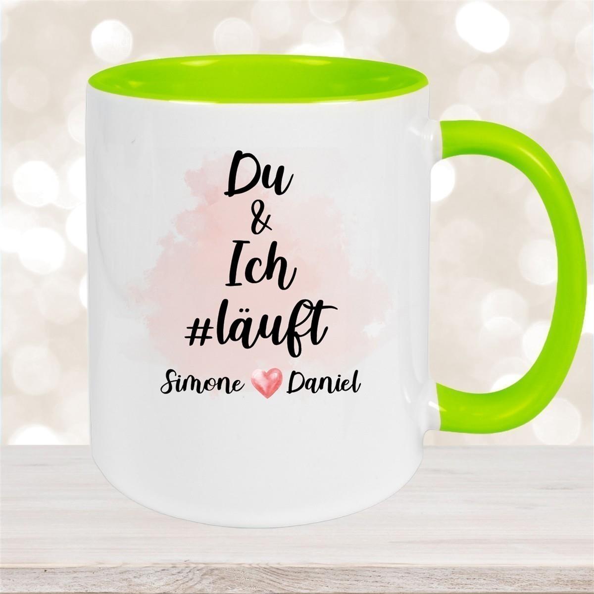 Tasse Spruch "Du & Ich Läuft" Valentinstag 8 Wunschnamen Keramik personalisiert versch. Farben