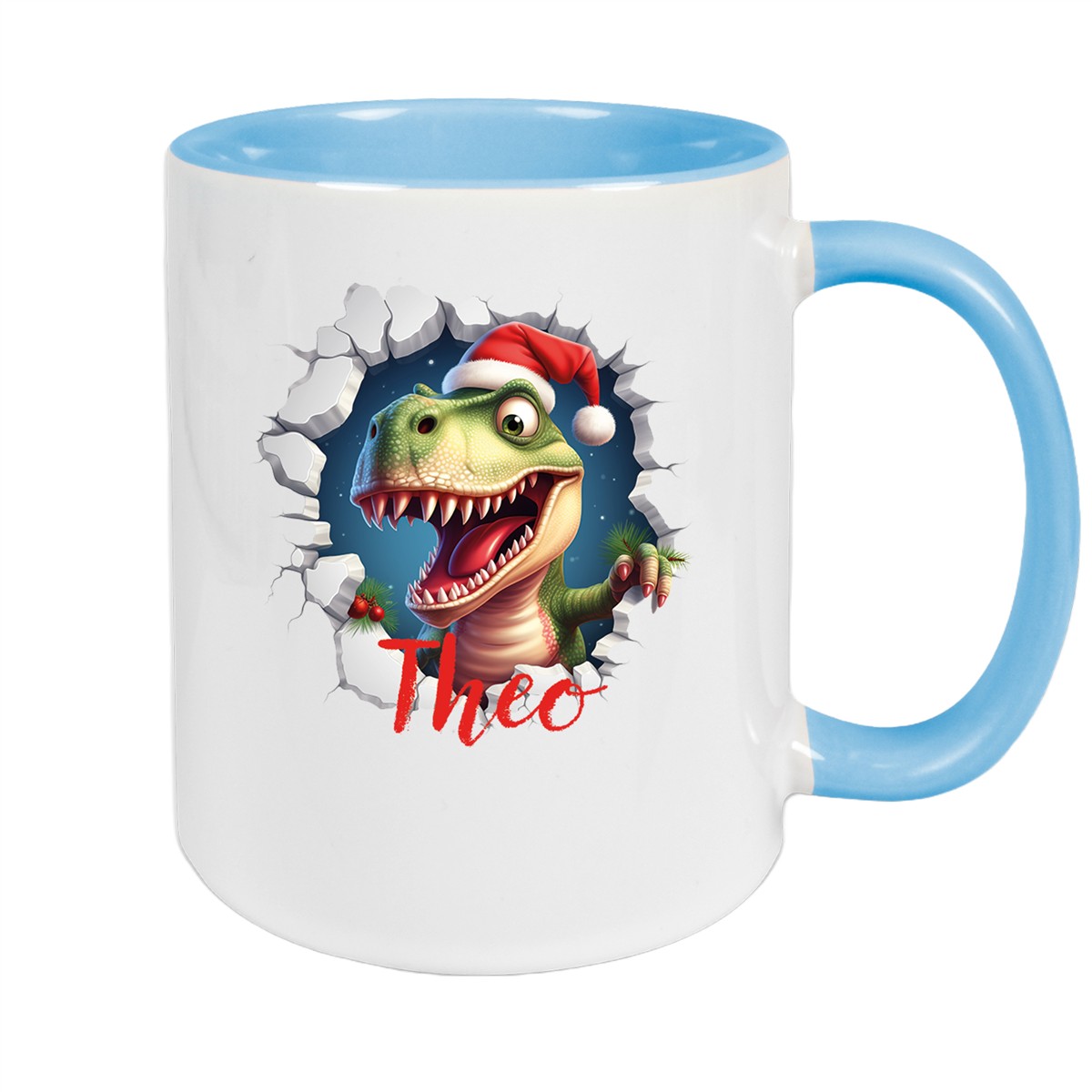 Tasse Wunschname Christmas Dino #1 Keramik Kinderbecher Hellblau