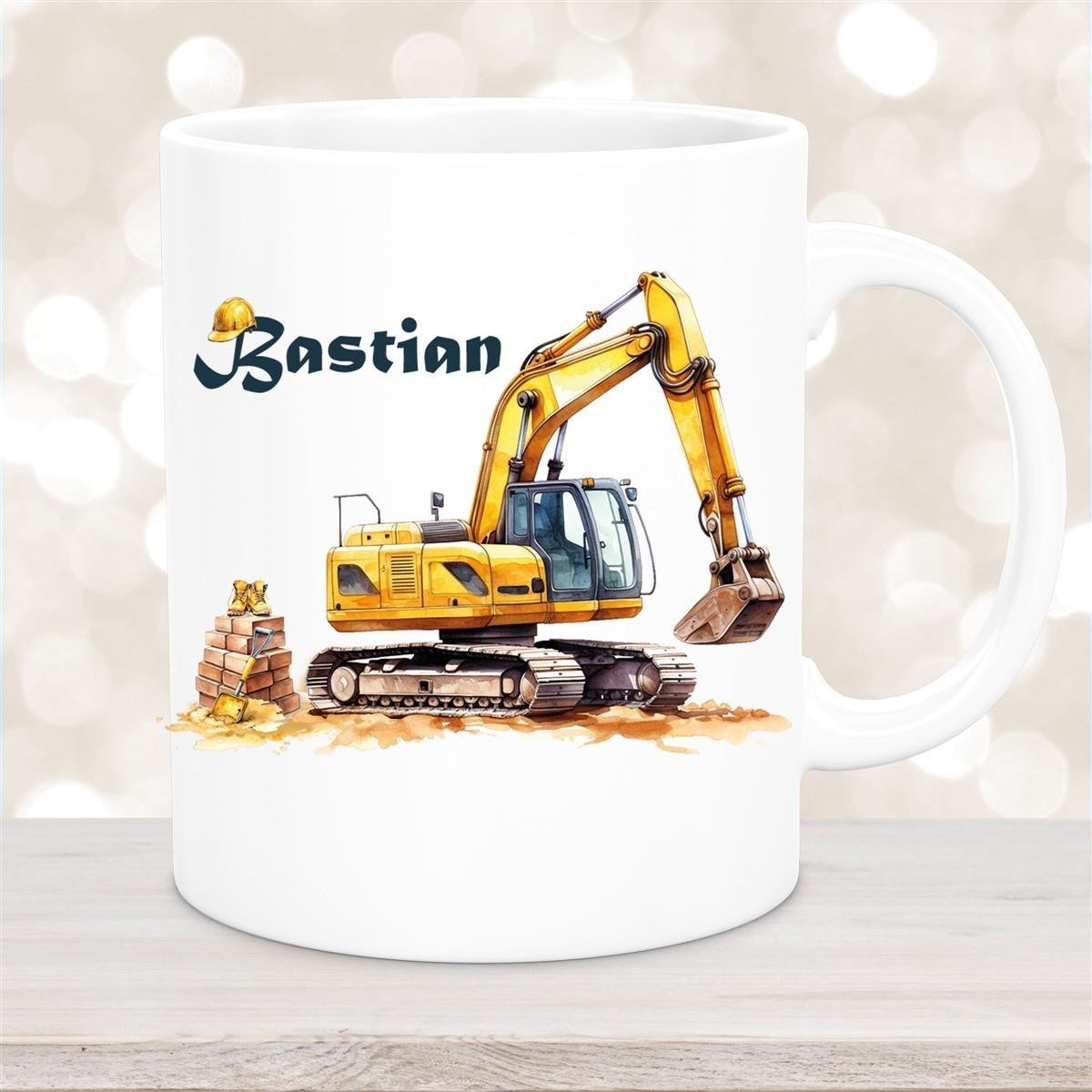 Tasse Wunschname Baustelle Bagger Keramik Kinderbecher versch. Farben