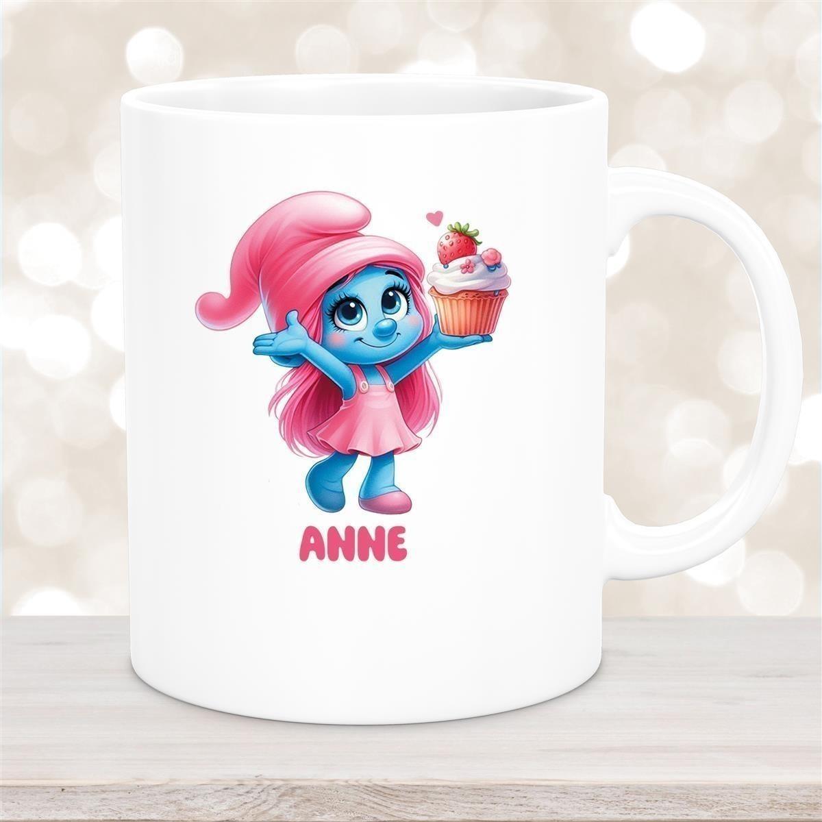 Tasse Kinder Schlumpf 2 mit Muffin Wunschname Keramik Kinderbecher personalisiert versch. Farben