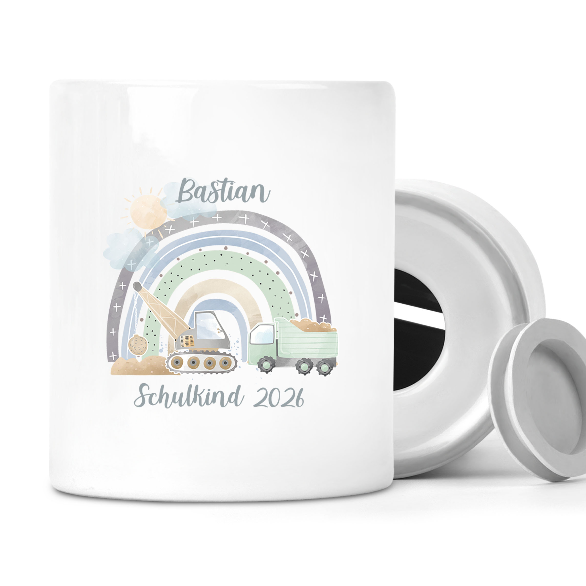 Spardose mit Wunschname Schulanfang 8 Regenbogen Baustelle personalisiert